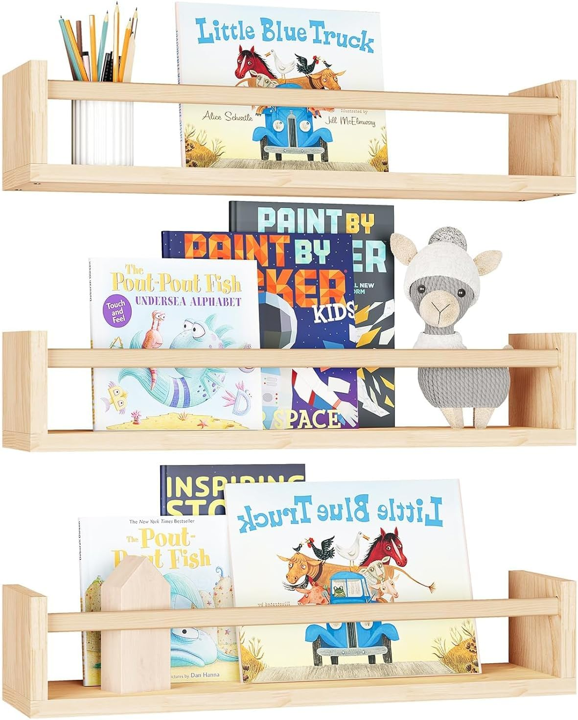 Floating Nursery Book Shelves, 3 Pack Wood Floating Shelves for Kids Room, Small Wood Book Shelf Wall Mounted for Baby Boys Girls, Toy and Decor Storage for Bedoom (Brown)