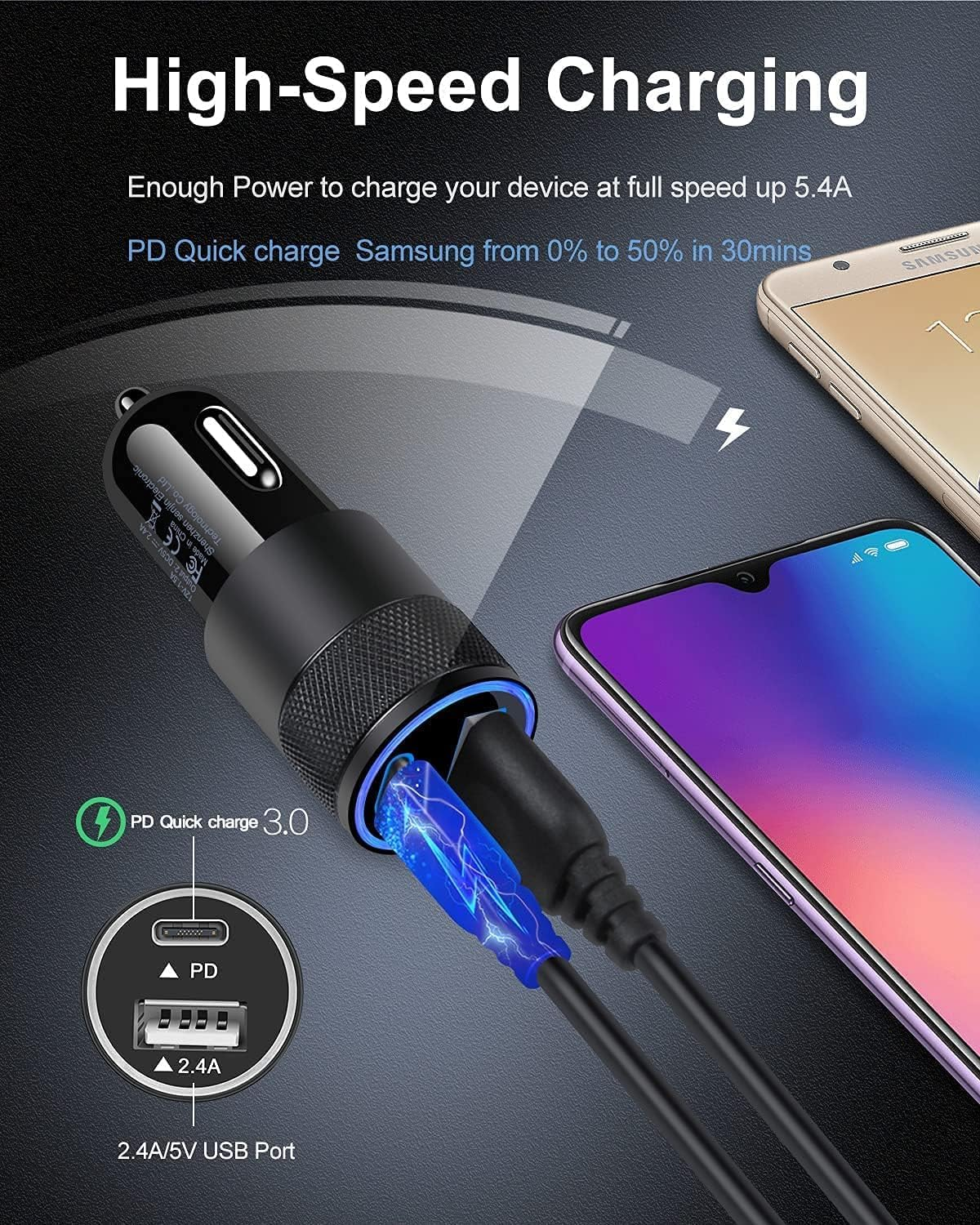 30W USB C Car Charger, [2Pack] PD 3.0 Fast Charge Dual Port USB Type C and 2.4A USB a Cargador Carro Lighter Adapter Base for Iphone 16, Ipad, Galaxy S25, LG, Google Pixel GPS, Z Play Droid, Motorola