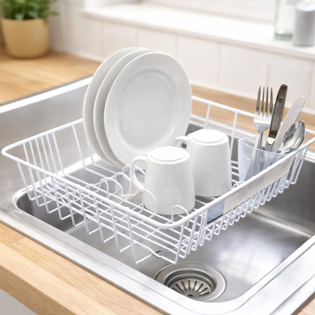 LEDON Dish Drying Rack 44&times;32&times;13Cm &ndash; Space-Saving Countertop Dish Rack with Plastic-Coated Wire, Rust-Resistant Plate & Cup Drainer for Kitchen Sink Bench, White image number 2