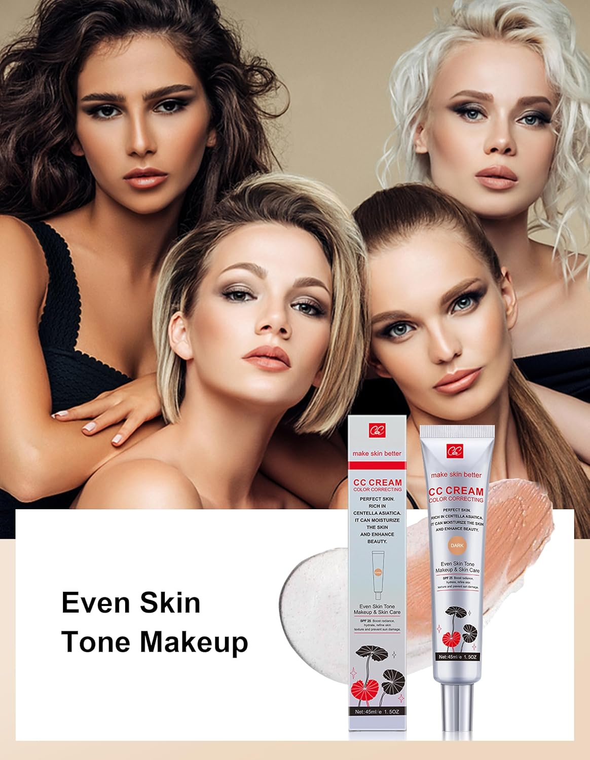 Erinde Color Correcting CC Cream with Centella, Women Lightweight CC Cream Foundation with SPF 25, Color Correcting Cream, Medium Coverage CC Cream Foundation, Natural Finish #02