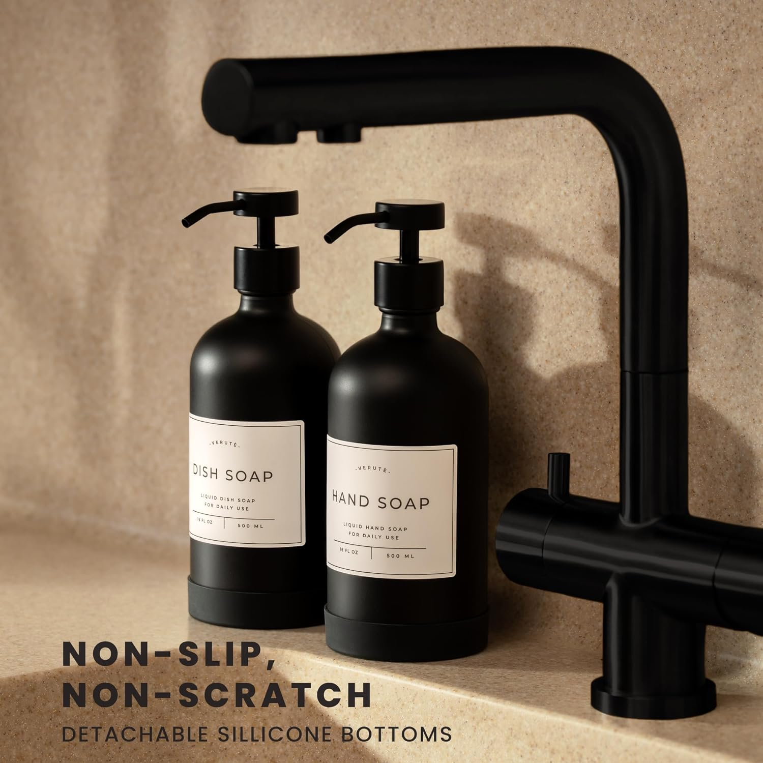 Verute 16Oz Glass Soap Dispenser with Stainless Steel Pump, 21 Waterproof Labels, Non-Slip Protective Silicone Pad, Set of 2 for Bathroom & Kitchen (Matte Black Bottle/Black Pump) image number 5