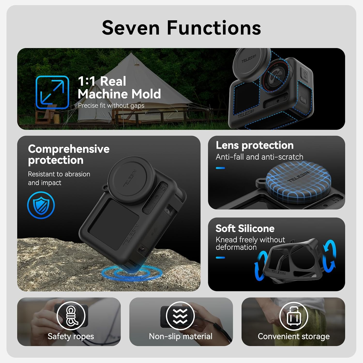 TELESIN Black Silicone Protective Case for DJI Osmo Action 5 Pro/Action 4/Action 3, Shockproof Anti-Scratch Full-Body Camera Sleeve Case Cover with Lens Cap & Wrist Strap, for Outdoor/Vlog/Travel