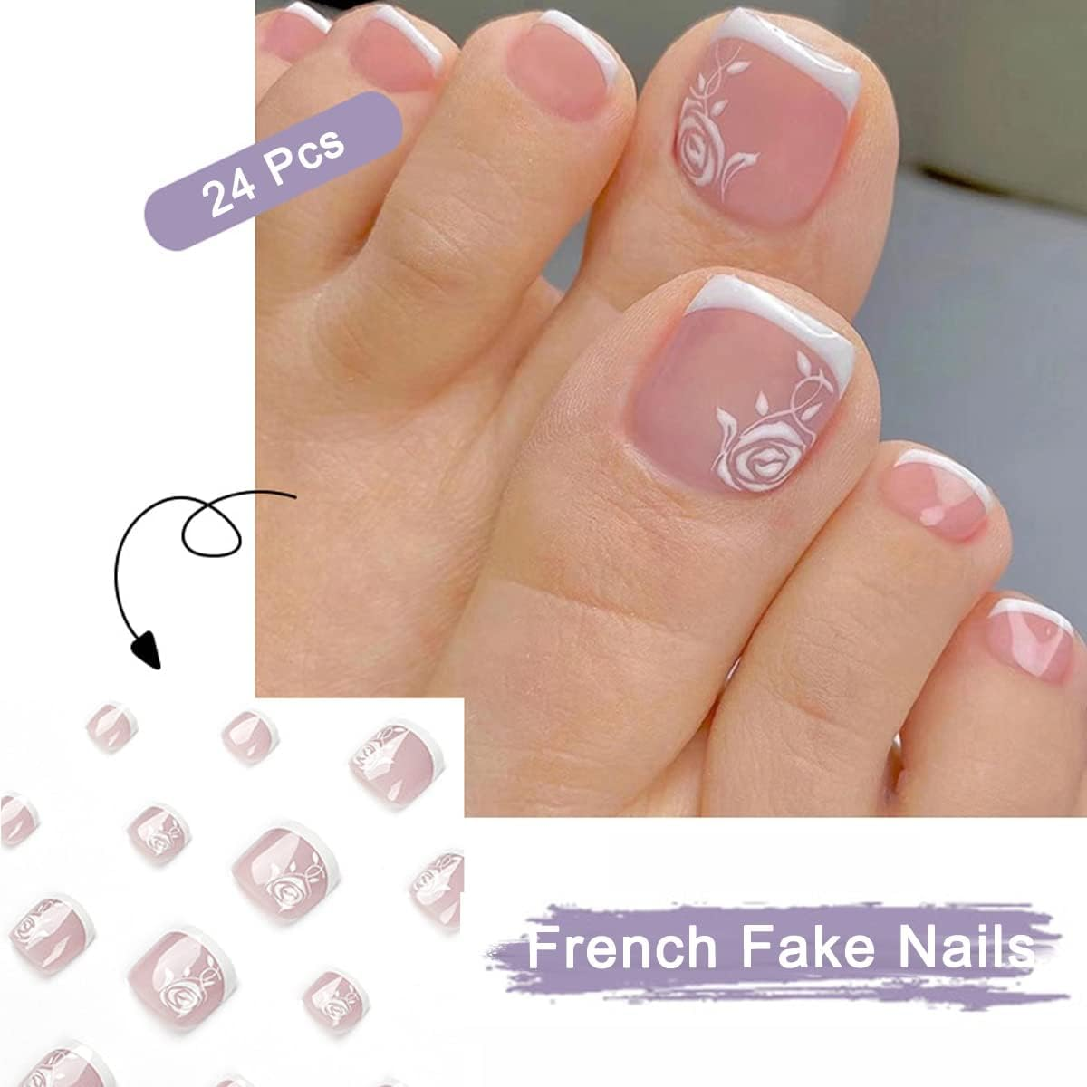 French Tips Press on Toenails 24 Pcs Acrylic Foot False Nails Square Fake Toe Nail Rose Detachable Stick Manicure Decoration for Women Girls image number 3