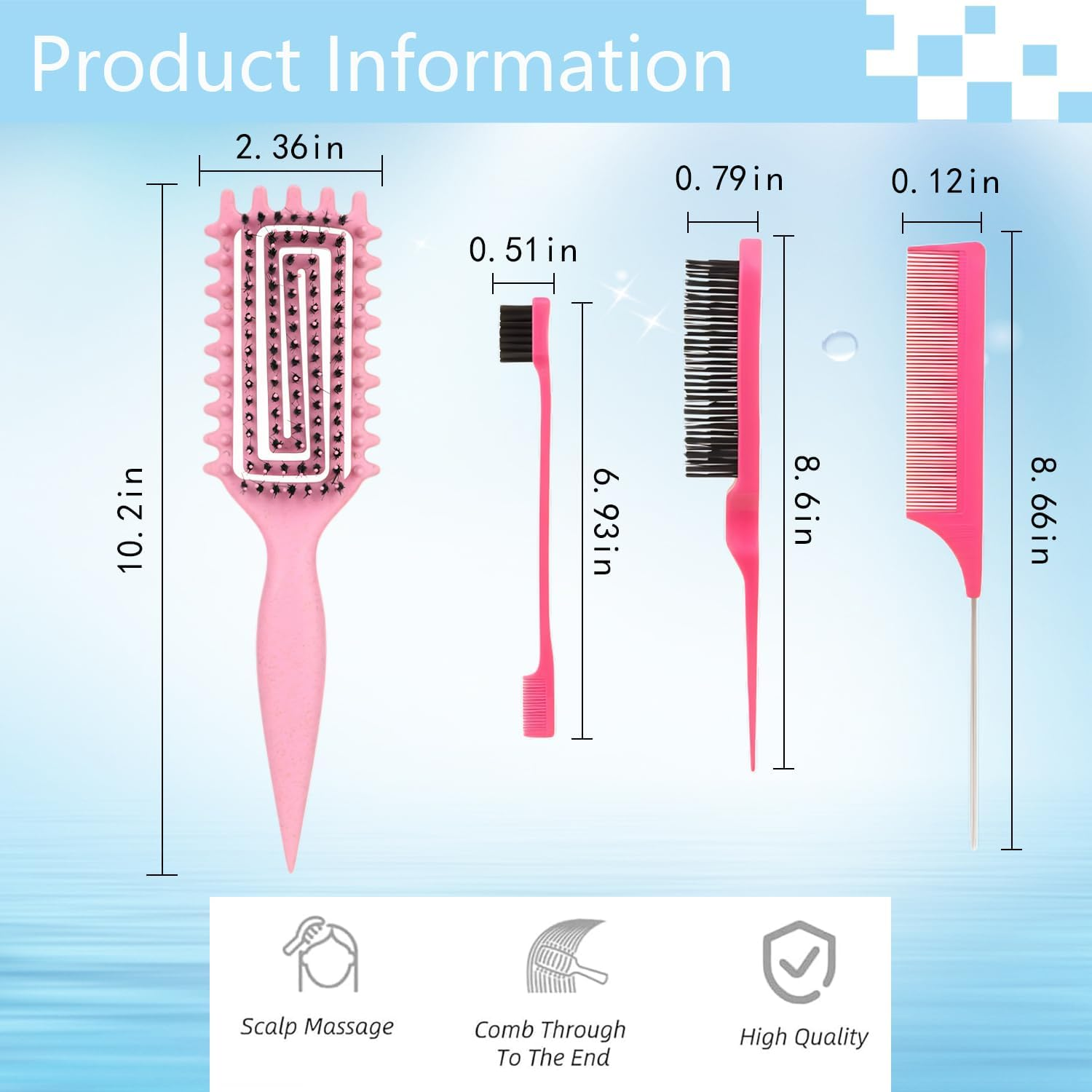 Curly Hair Brush,Curl Defining Brush plus 3 Pieces Hair Styling Comb Set(Slick Back Hair Brush,Rat Tail Comb,Edge Bristle Brush) for Combing, Shaping, Styling image number 6