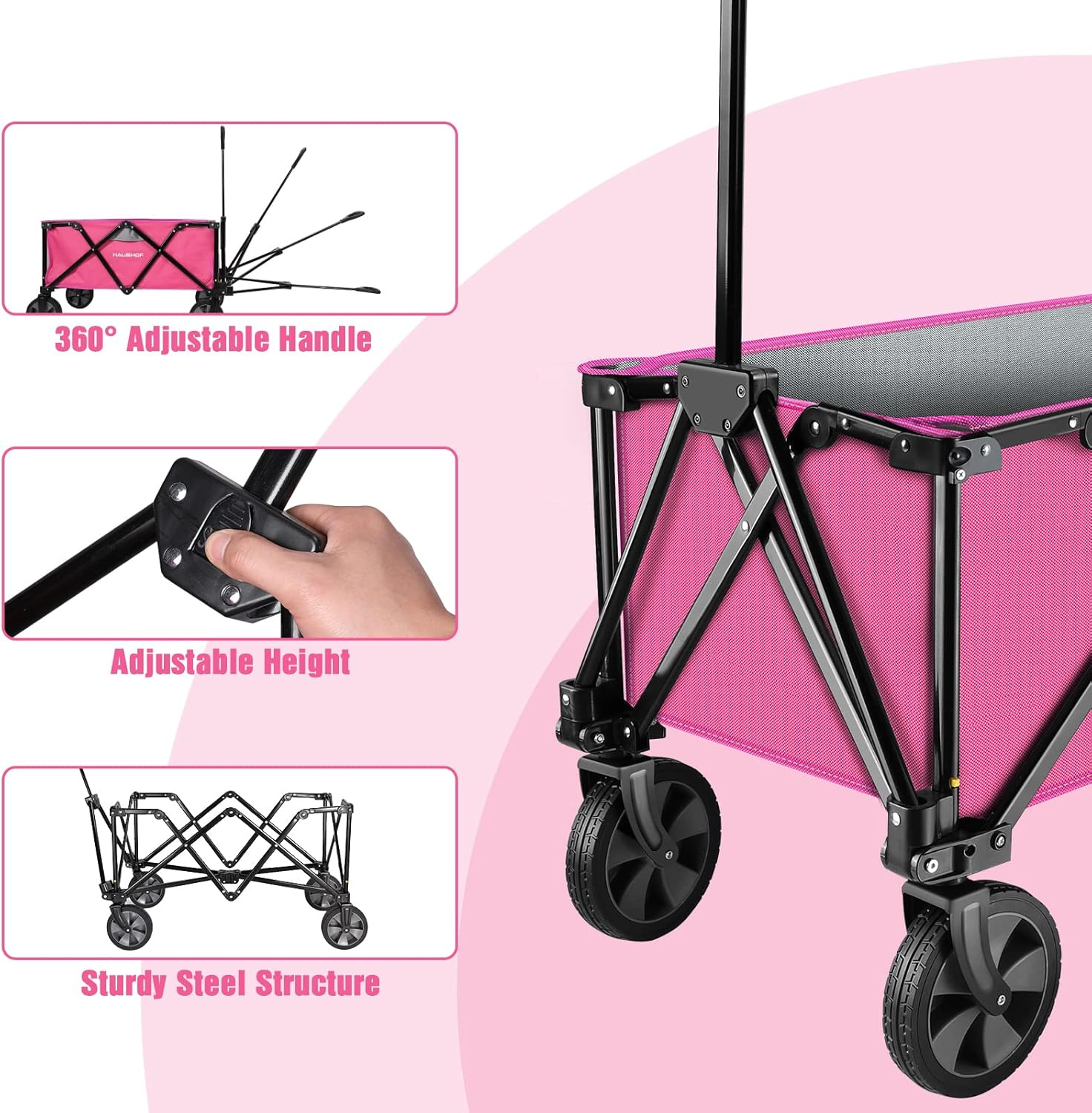 HAUSHOF Heavy Duty Collapsible Wagon, Folding Outdoor Utility Wagon, Camping Garden Beach Cart with Universal Quick Release Wheels, Adjustable Handle, 176 Lbs Load Capacity, Pink image number 6