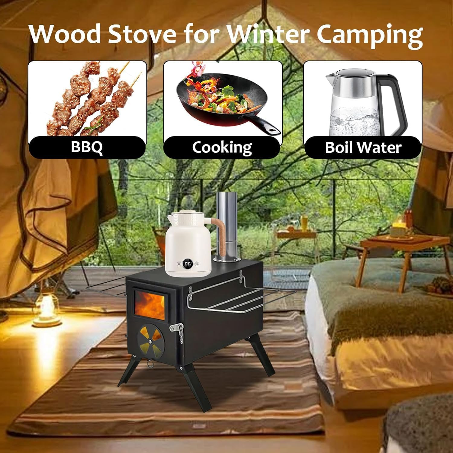 Ruaizel Portable Carbon Steel Firewood Stove, Camping Wood Stove with Chimney Pipes, Foldable Camping Stove, Hot Tent Stove for Cooking Heating Drying Clothes image number 5