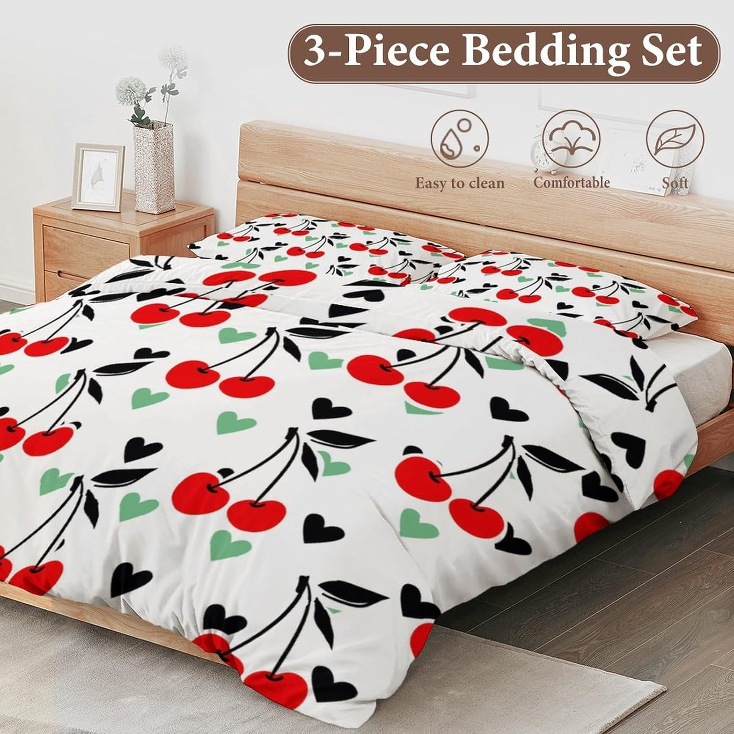Delerain Comforter Set Queen Size, Red Cherry Print 3-Piece Bedding Set for Women Men Modern Soft Microfiber Bedroom Set Room Decor, 1 Duvet Cover + 2 Pillowcases image number 5