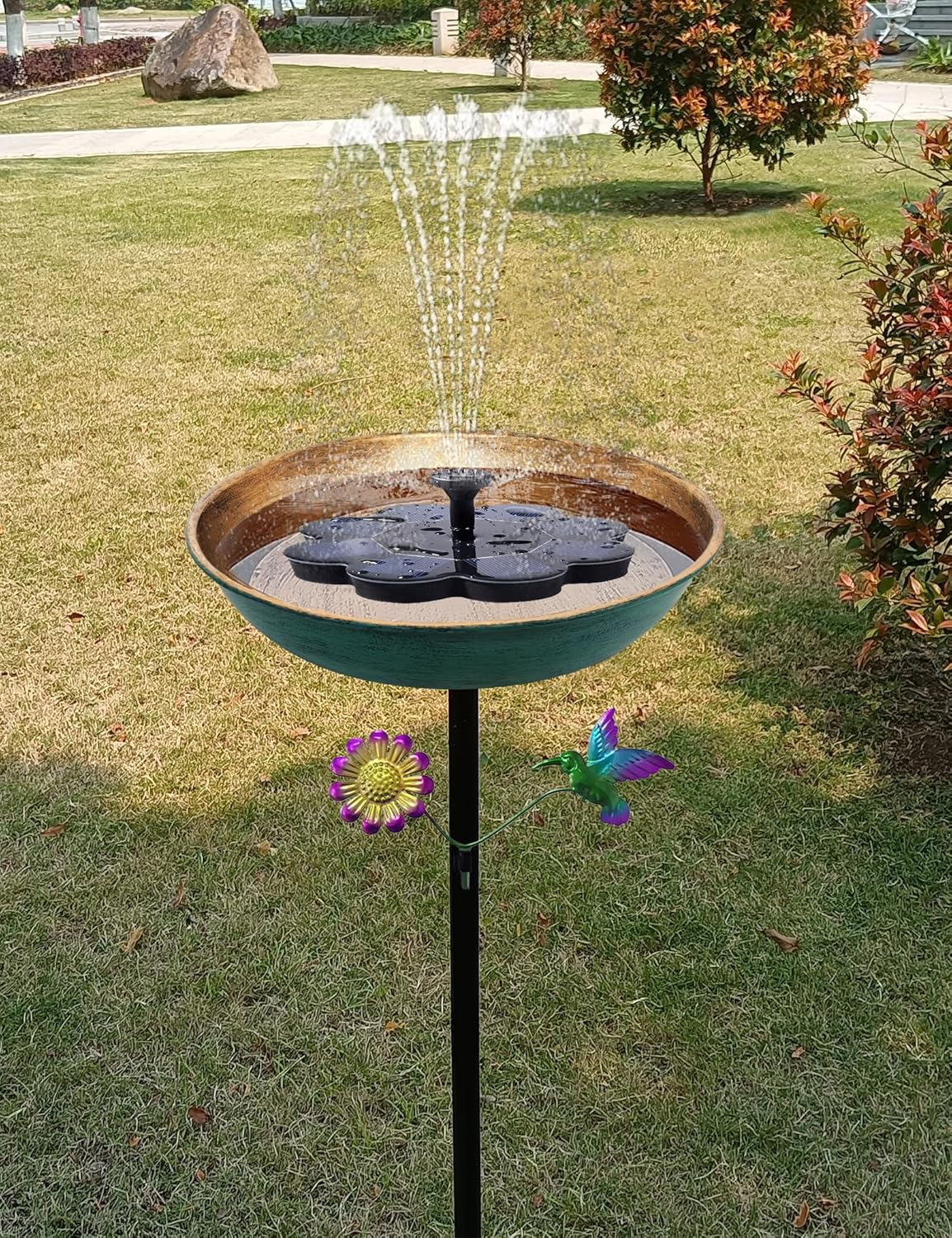 Bird Bath for Outside, 11 Inch Green&Bronze Metal Birdbath Bowl Decorated Hummingbird Flower Freestanding Garden Bird Bath Feeder Outdoor Decor Yard Art image number 3