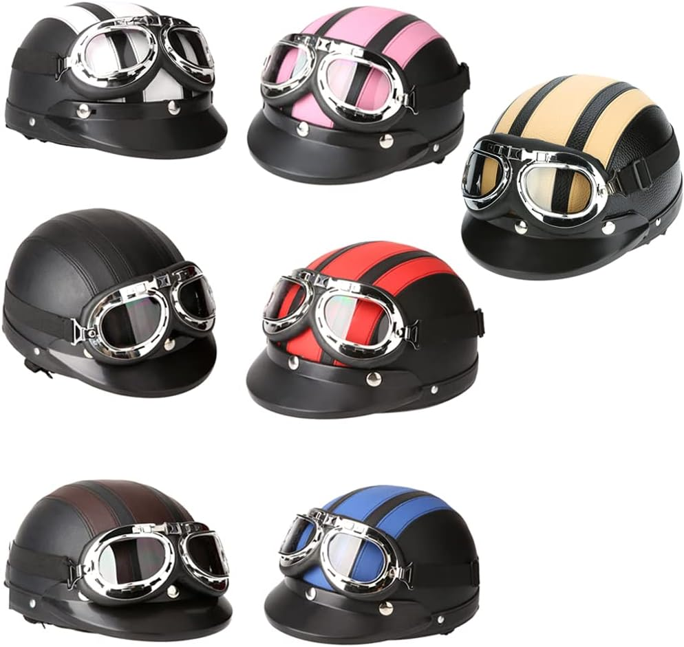 RAYWE Motorcycle Scooter Open Face Half Leather Helmet with Visor UV Goggles Retro Vintage Style 54-60Cm - Pink image number 7