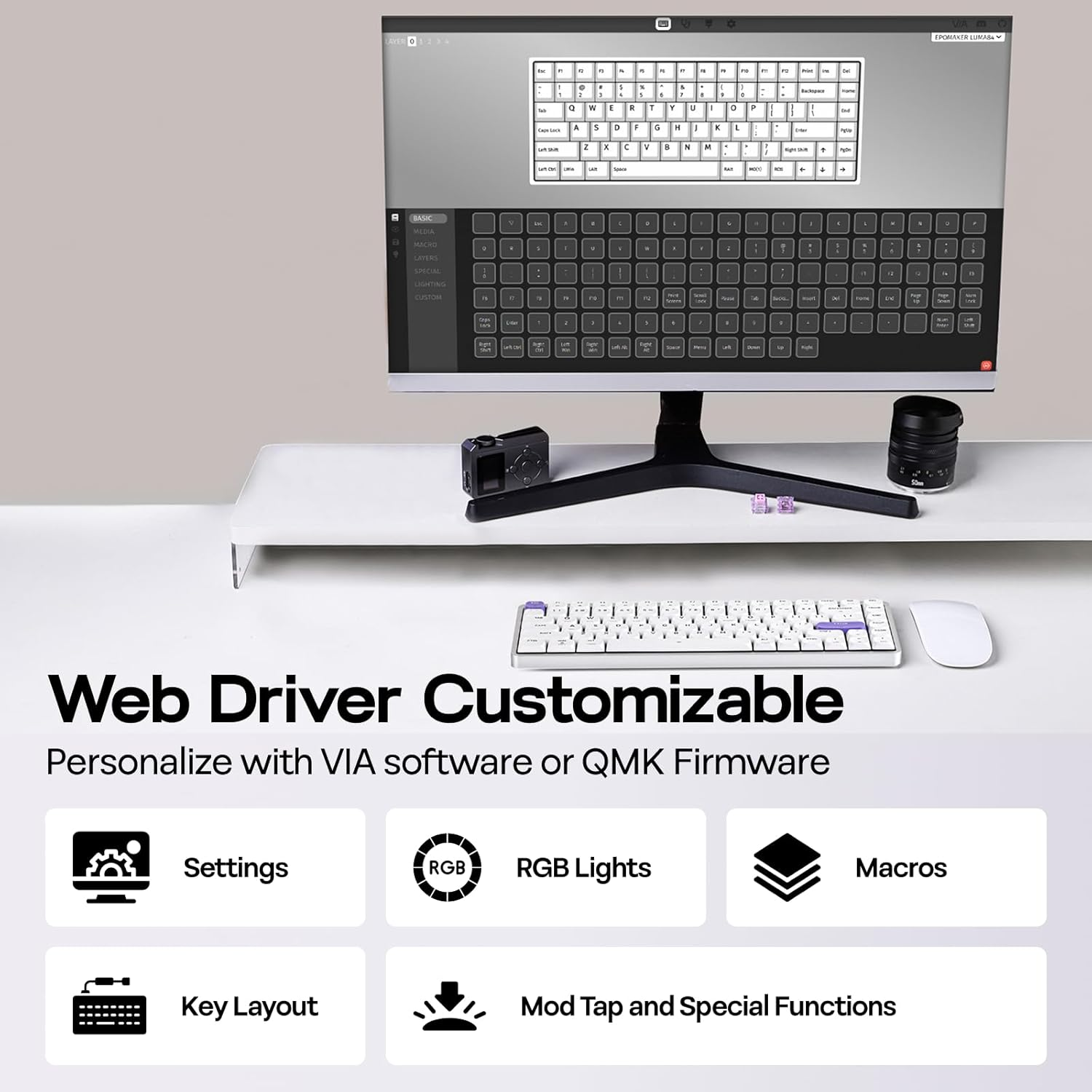 EPOMAKER Luma84 Low Profile Aluminum Mechanical Keyboard, QMK/VIA Programmable, Tri-Mode Wireless, Win/Mac/Linux Compatible, Hot-Swappable (White&Purple, Gateron Low-Profile Red Switch) image number 6