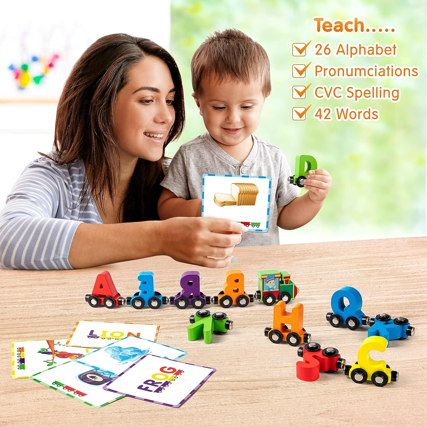 Vanmor 27 PCS Magnetic Wooden Alphabet Train Sets, ABC Letter Learning Toy Trains with 42 PCS Flash Cards, 1 Engine, 1 Storage Bag, Toddlers Kids Boys Girls Educational Toys Aged 3-7 New Year'S Gifts