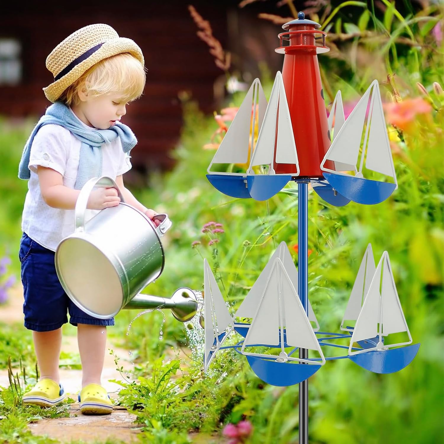 Sailboat Windmill D&eacute;cor Metal Lighthouse Sailing Wind Spinner Summer Lighthouse Sailboat Windmills Garden Wind Spinner Sculpture Creative Nautical Art Ornament for Garden Yard Lawn Outside
