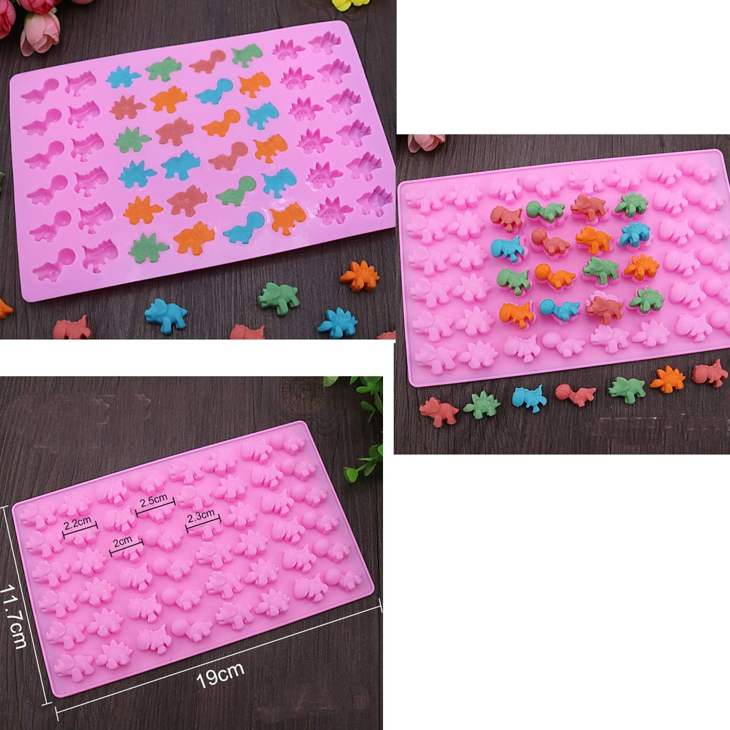 Mini 48 Dinosaur Silicone Gummy Chocolate Baking Mold with Dropper Ice Cube Tray Candy Sweet Jelly Mould Cake Cupcake Topper Decor Molds DIY Tool (Pink)