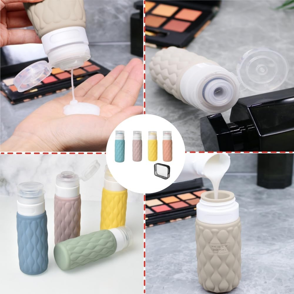 4 Pack Travel Bottles for Toiletries with Labels, 100 Ml Silicone Travel Bottles Set with Clear Zipper Toiletry Bag, Leakproof Refillable Squeeze Travel Size Containers for Shampoo Conditioner image number 1