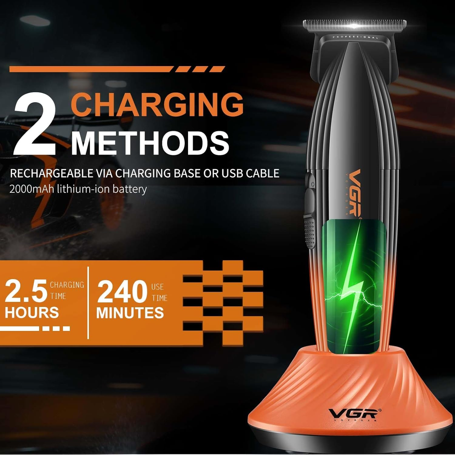 VGR 889T Professional Hair Trimmer for Men, 9000RPM High Speed Cordless Hair Clippers Beard Trimmer with Ceramic & DLC T Blade, Zero Gapped Barber Clippers with USB Charging Base, LED Display image number 4