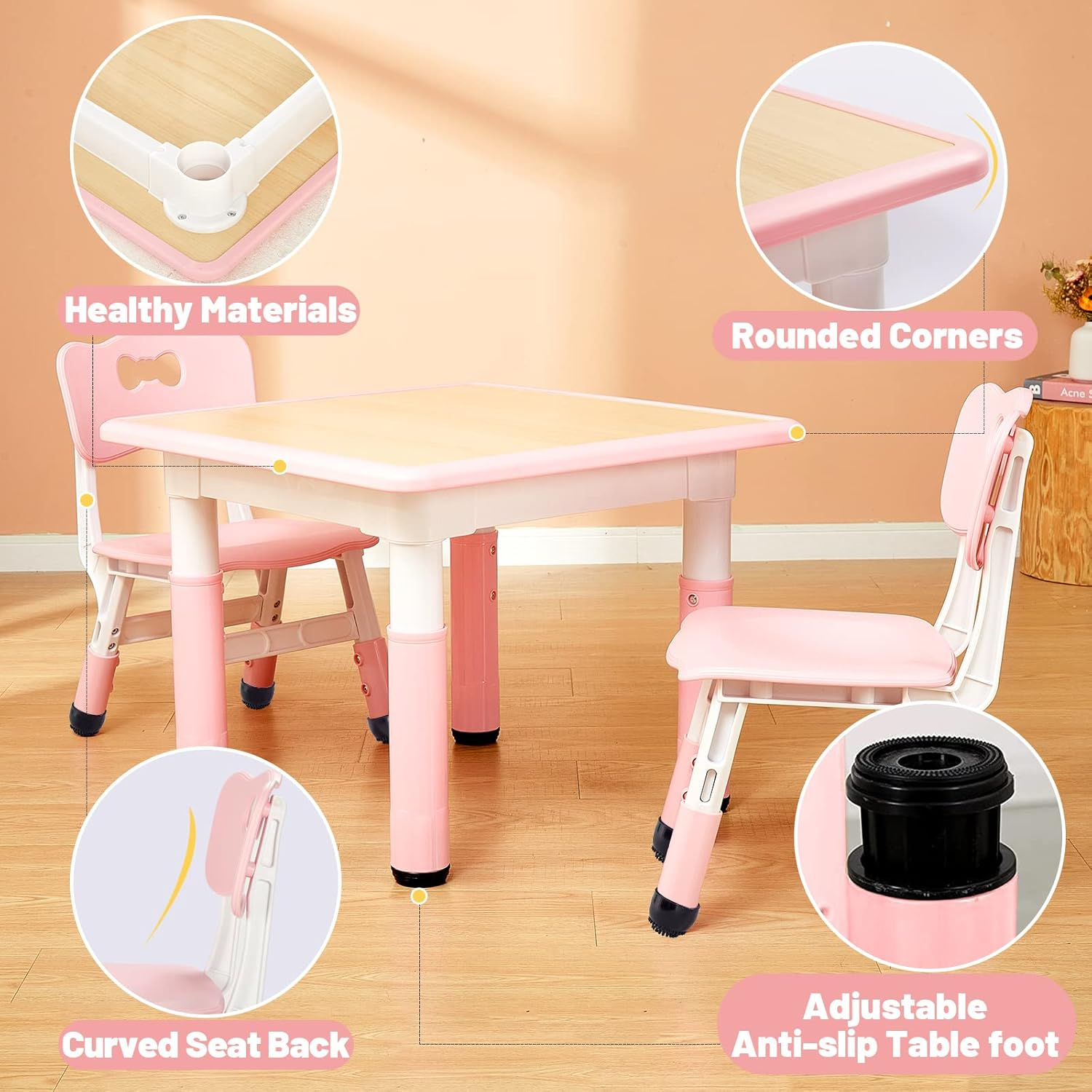FUNLIO Kids Table and 2 Chairs Set, Height Adjustable Toddler Table and Chair Set for Ages 3-8, Easy to Wipe Arts & Crafts Table, for Classrooms/Daycares/Homes, CPC & CE Approved (3Pcs Set) - Pink image number 5