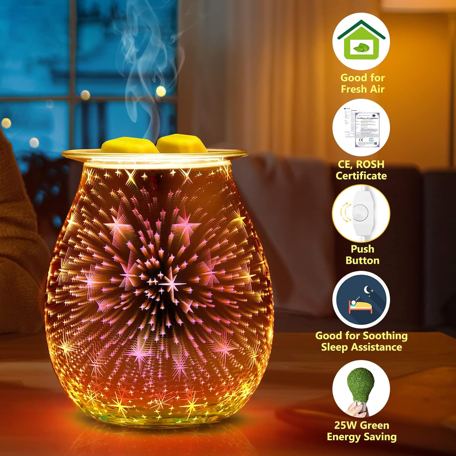 Electric Glass Oil Burner, Electric Oil Burner for Wax, 3D Fireworks Aroma Lamp, Touch Control, Night Light, Aroma Lamper Decoration for Home, Office, Bedroom, Living Room, Gifts image number 4
