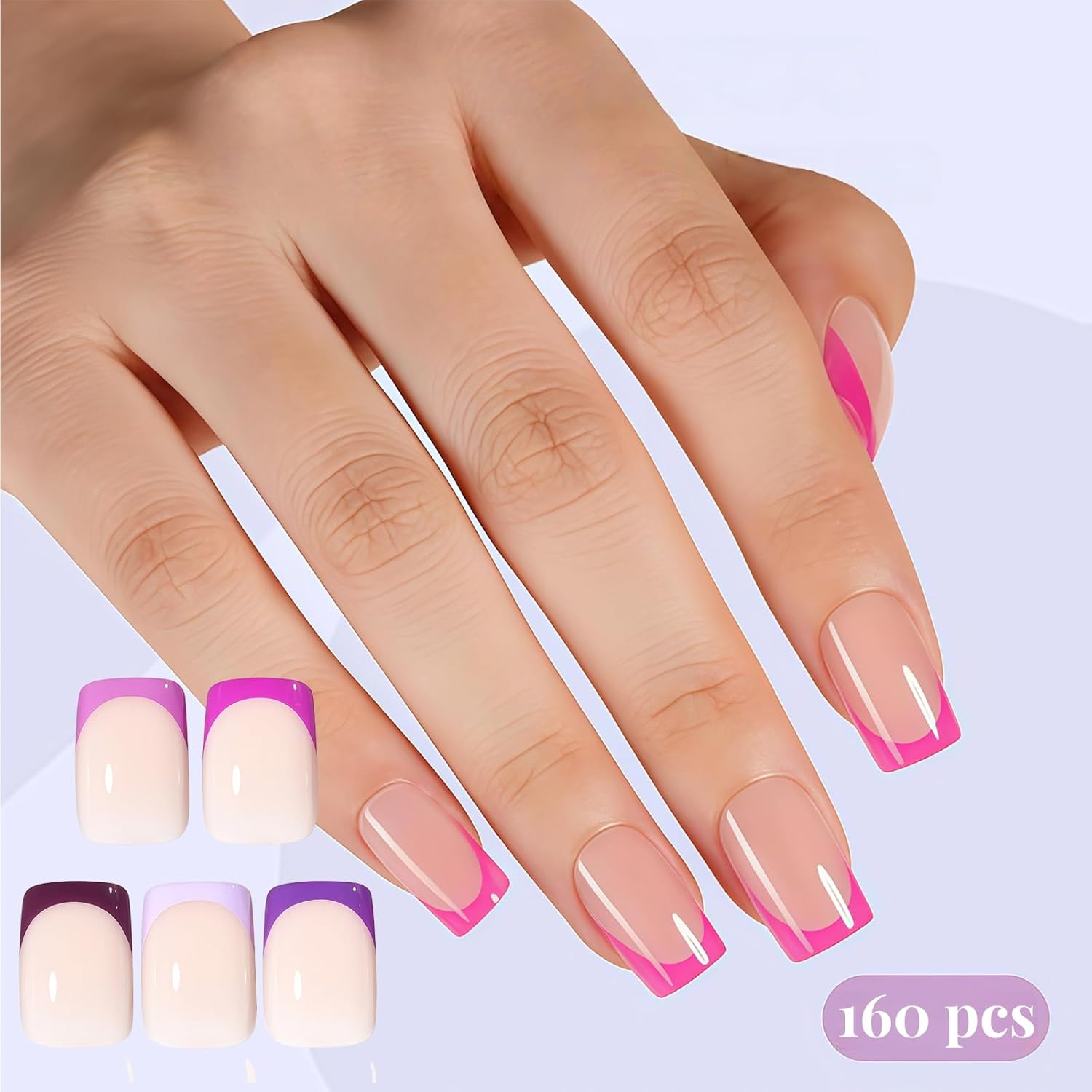 160Pcs Purple French Tip Press on Nails, Short Square PMMA Acrylic Fake Nails Set for Women, Girls Daily Wear & Parties (15 Sizes) image number 4