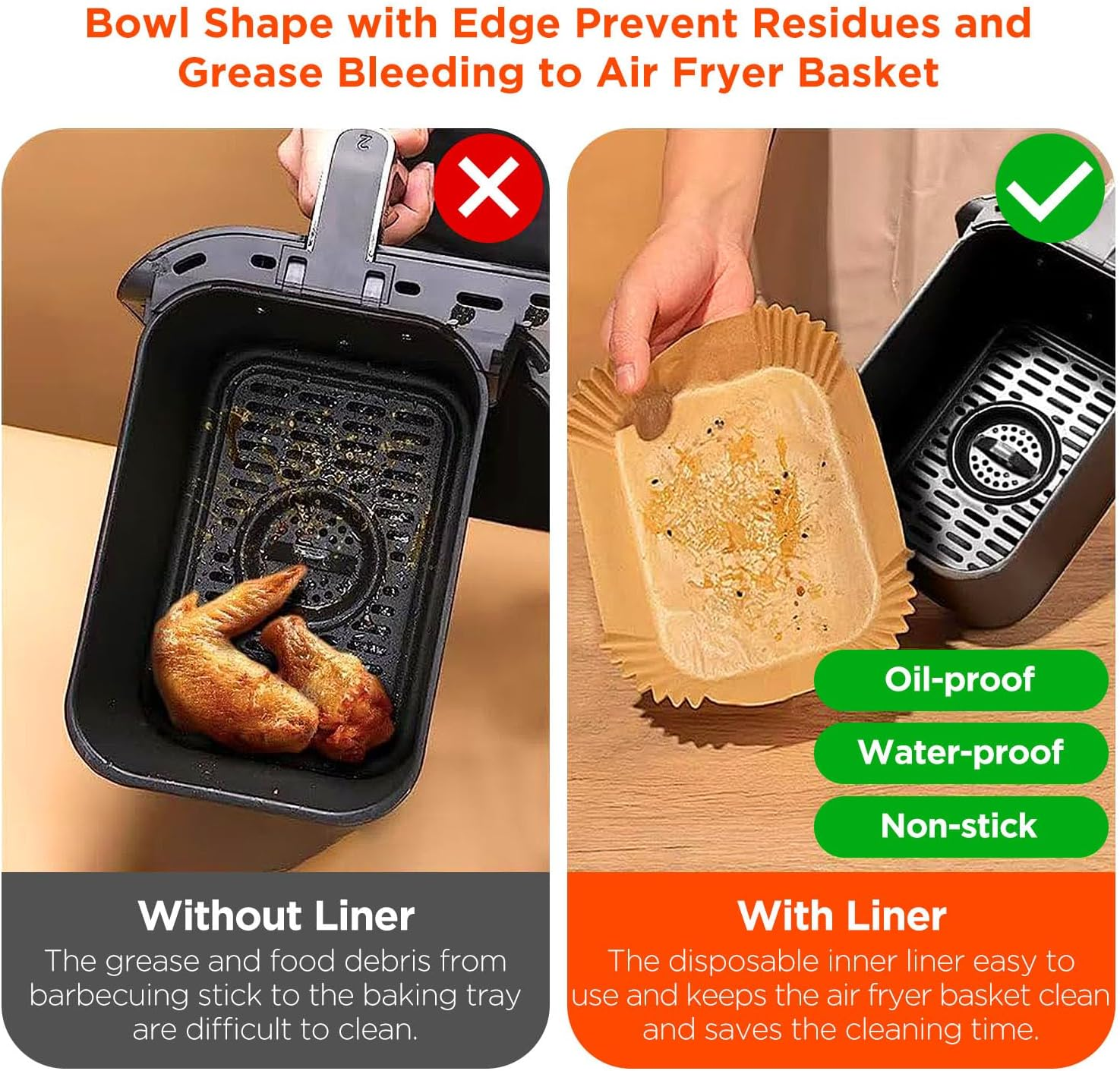 Amxus Air Fryer Paper Liners 100-Pack for Ninja AF400/AF300 & Dual Basket 8QT &ndash; 22Cm X14Cm (8.6"X5.5") Non-Stick Sheets, Unbleached & No PFAS &ndash;Compatible with Ninja Foodi & DZ201 image number 3