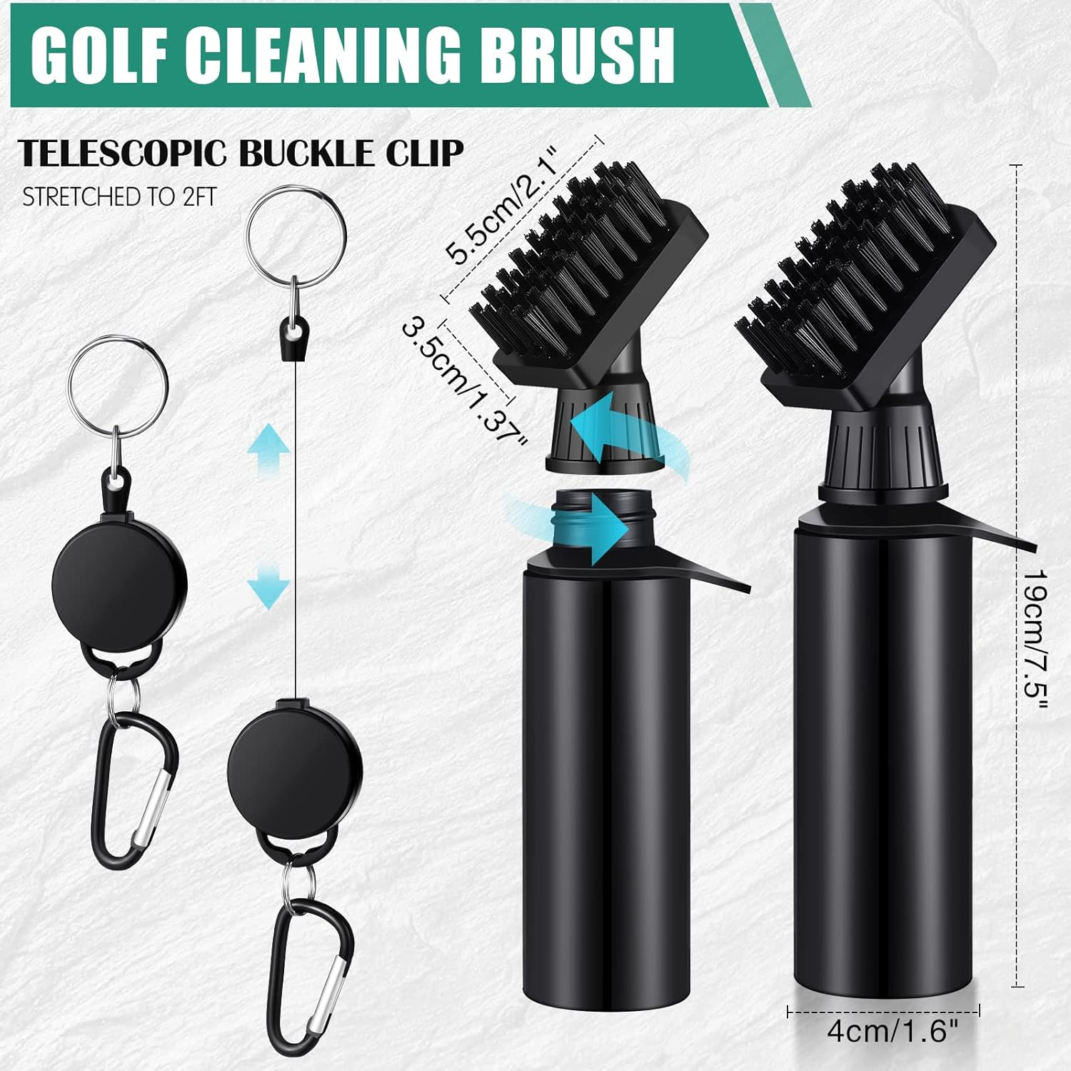 Wettarn 2 Pcs Golf Clubs Cleaner Brush with Microfiber Waffle Pattern Tri Fold Golf Towel, 4 Ounces of Squeeze Water Bottle and Nylon Retractable Aluminum Buckle (Black Towel + Black Brush) image number 4
