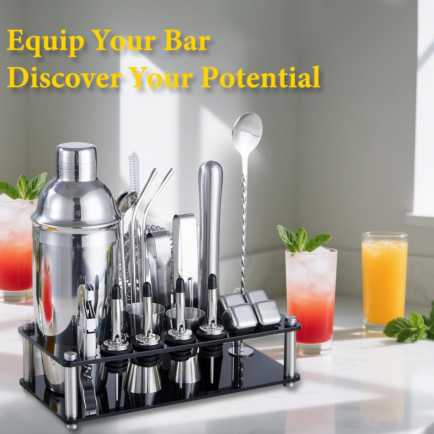 Mixology Bartender Kit Bar Set Cocktail Kit, 23PCS Cocktail Shaker Kit with Acrylic Stand for Drink Mixing, Silver Bartender Tool Kit image number 3