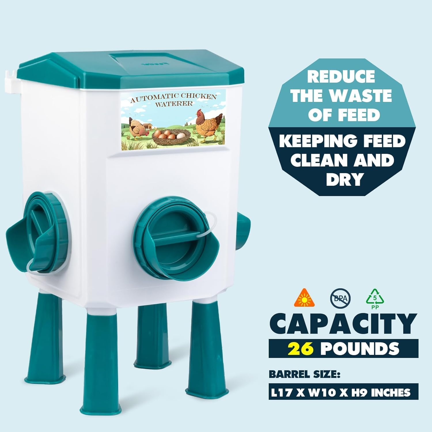 Automatic Chicken Waterer and Port Feeder Set,3 Gallon/25 Pounds,Free-Standing Chicken Waterer with Floating Controlle 12Kg / 11L Green image number 1