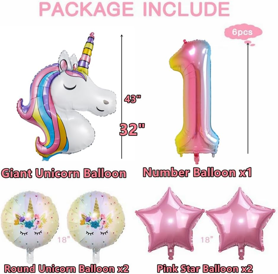 Unicorn 1St Birthday Decorations - 43 Inch, Pack of 6 | Rainbow Unicorn Number 1 Balloon| Unicorn Balloons Birthday | 1St Birthday Balloons for Unicorn Birthday Decorations for Girls (1) image number 2