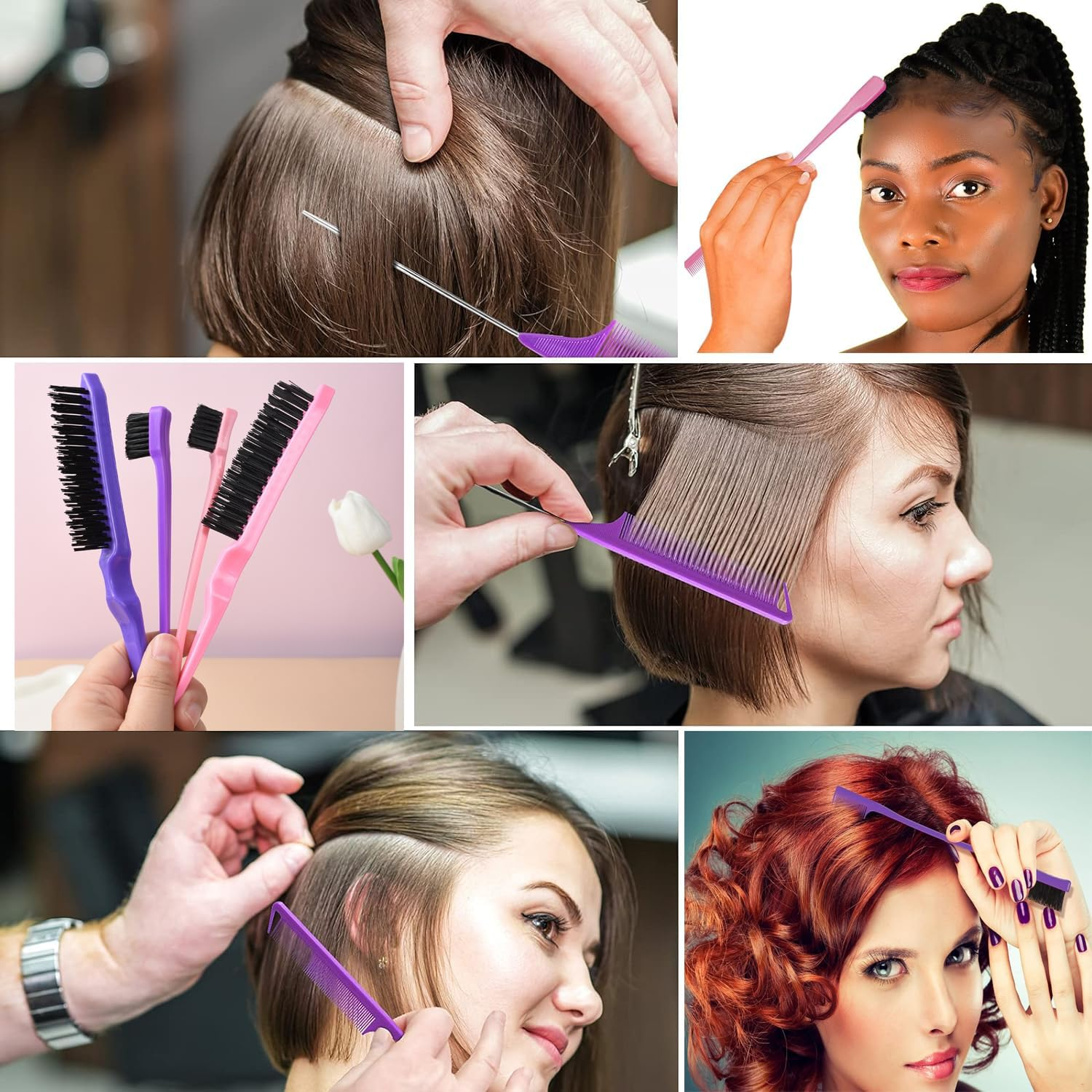 12 Pcs Hair Brush Set with Continuous Hair Spray Bottle for Women, Rat Tail Combs for Toddlers, Soft Scalp Massager, Detangling Hairbrush for Wet Dry Curly Hair (Purple) image number 5