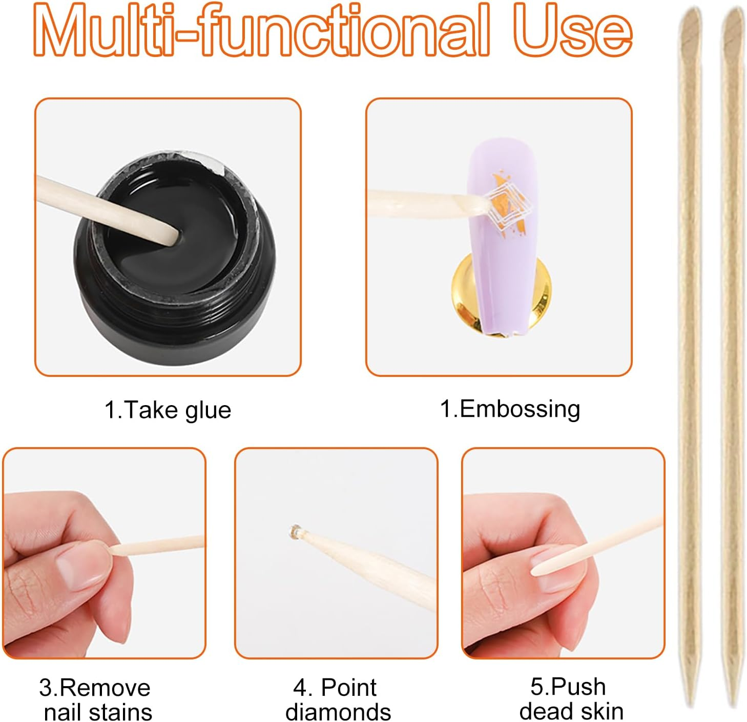 Nail Orange Sticks, Wooden Sticks, for Double Heads Multi Functional Cuticle Pusher Remover Nail Cleaning (200Pcs) image number 1