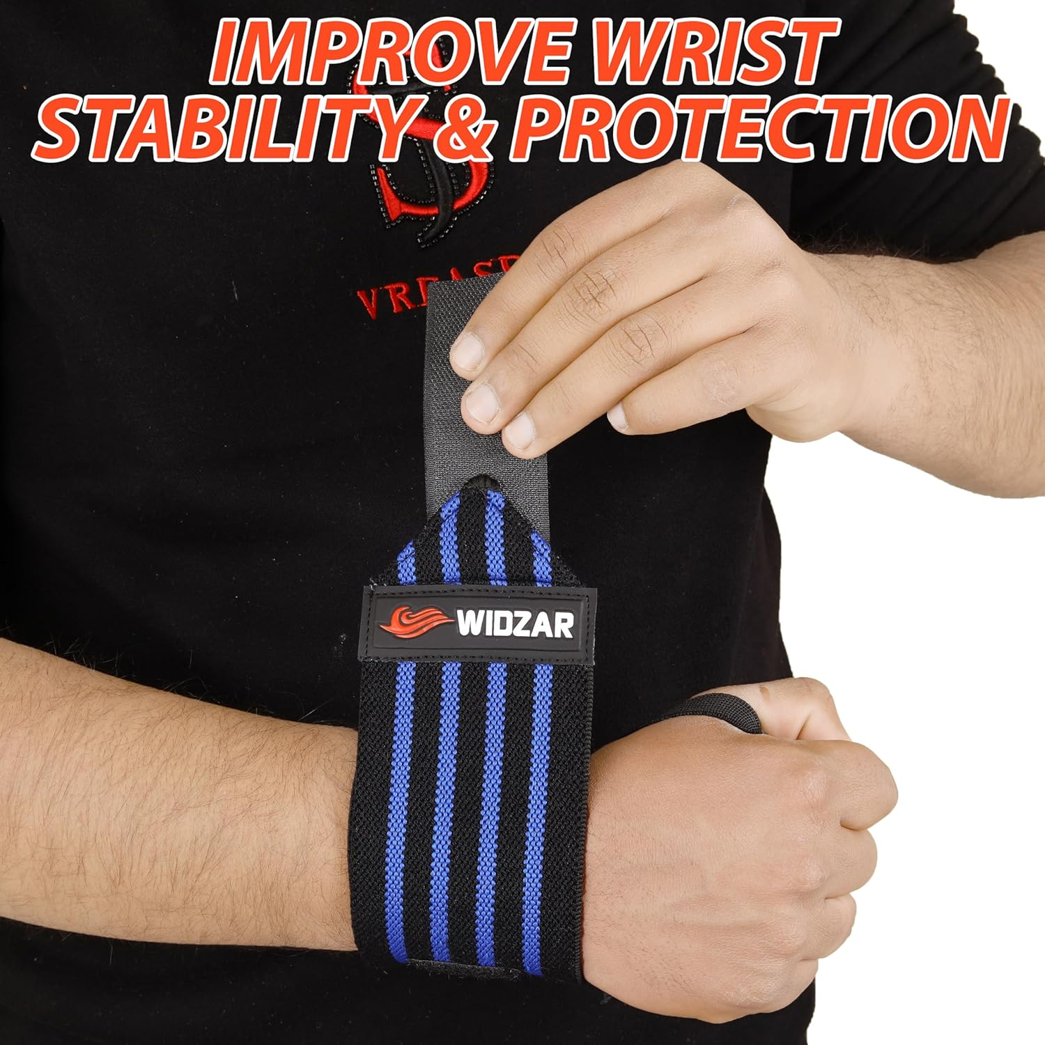 Widzar Wrist Wraps - Support Brace for Weightlifting, Powerlifting, Workout, Bodybuilding & Gym Training - Adjustable Straps with Attached Thumb Loops, Ergonomic Design for Men and Women (Blue Stripes) image number 2