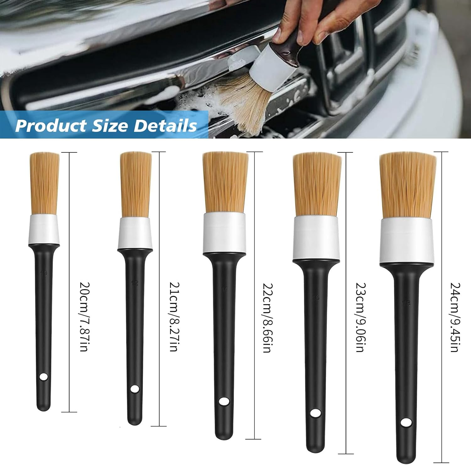 5 PCS Car Detailing Brush Set &ndash; Boar Hair Detailing Brushes for Wheels, Dashboard, Engine Bay, Air Vents, Grilles & Trim &ndash; Soft & Durable Auto Cleaning Brushes for Cars, Trucks & Motorcycle (White) image number 4