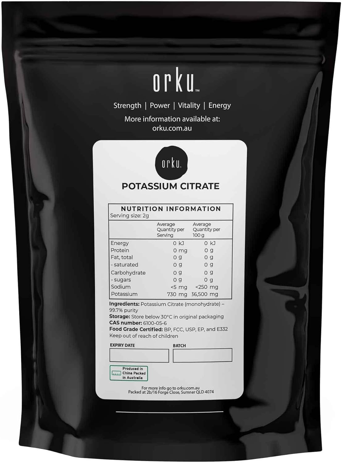 Orku 1Kg Potassium Citrate Food Grade - Granular BP USP FCC E332 Additive image number 1
