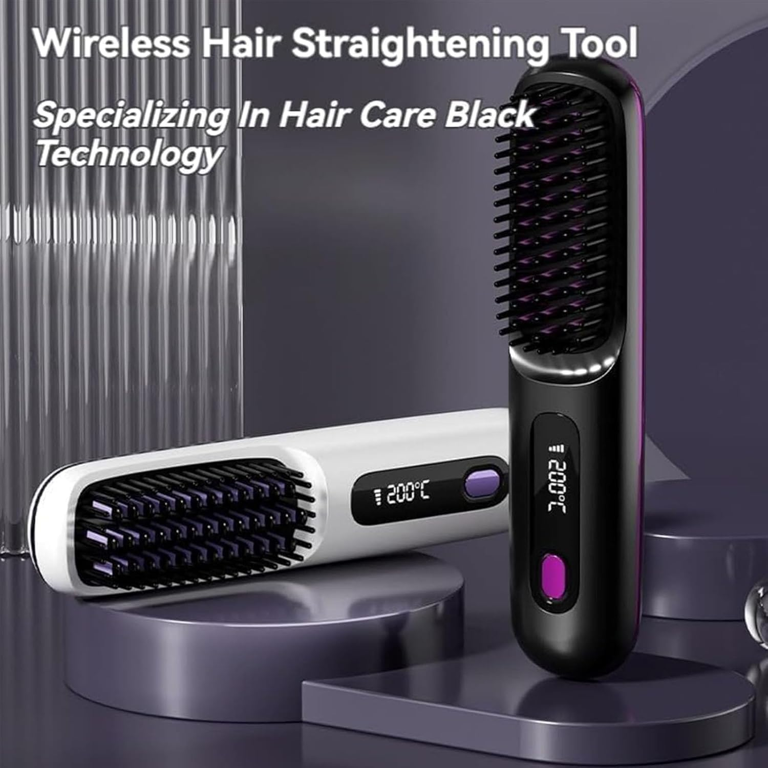 2025 New Cordless Hair Straightener Brush, 2 in 1 Portable Straightener Brush with LED Screen, Rechargeable Hair Heated Brushes for All Hair Type (Pink) image number 3