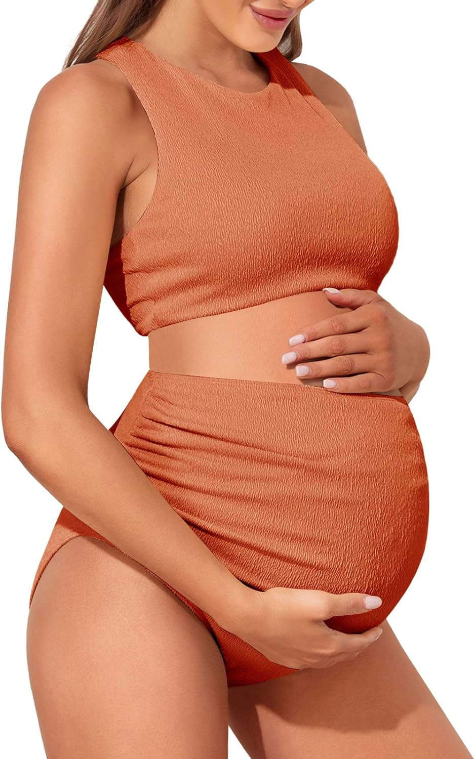 Summer Mae Maternity Two-Piece Swimsuit Bikini Set High Neck Bathing Suit High Waist Pregnancy Swimwear image number 5