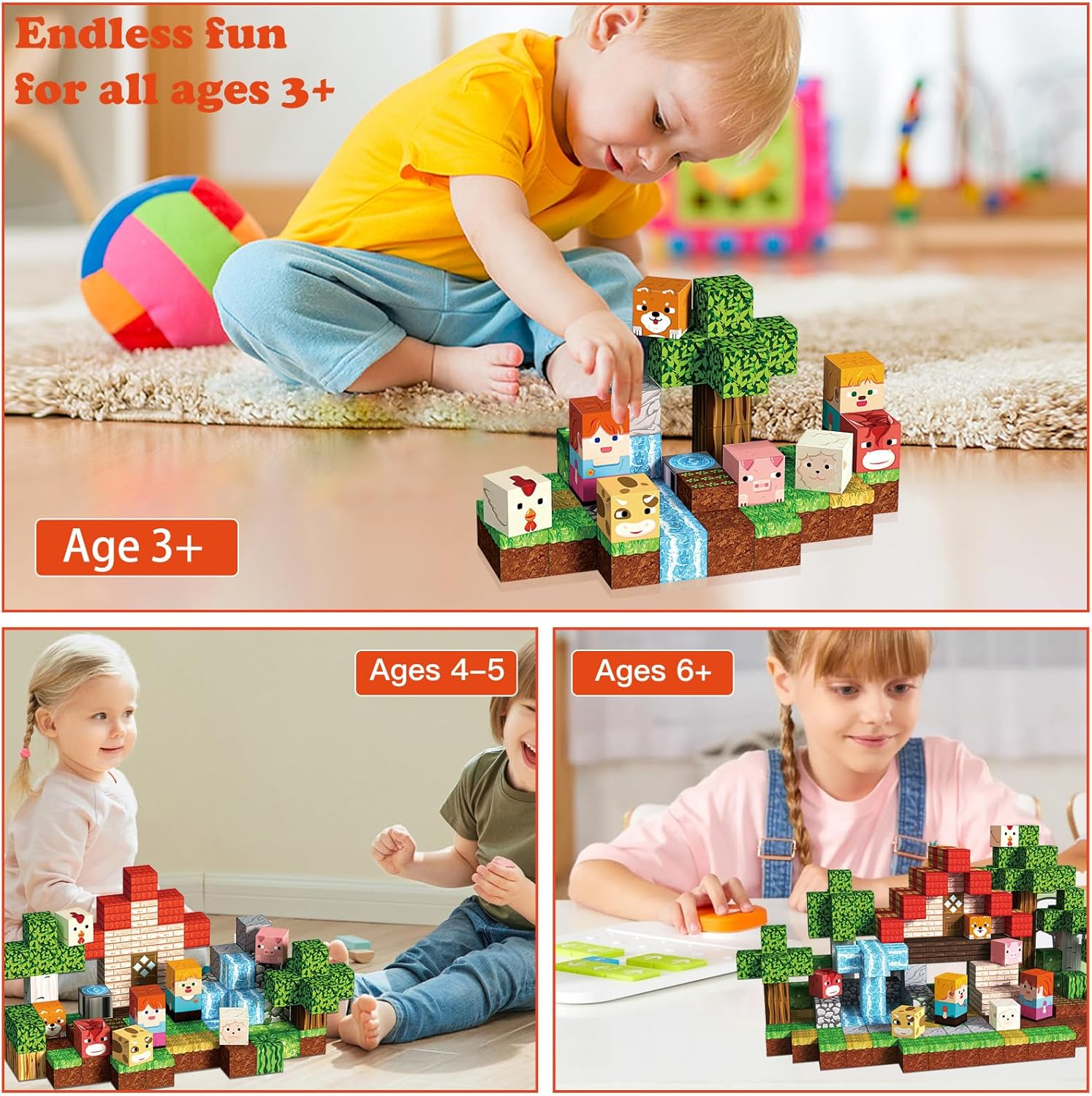 Magnetic Blocks 100 PCS Build Mine Forest Farm Set, Magnetic Tiles Building Blocks Toddler Toys STEM Sensory Outdoor Toys for 3+ Year Old Boys & Girls, Creative Kids Games Kids Toys