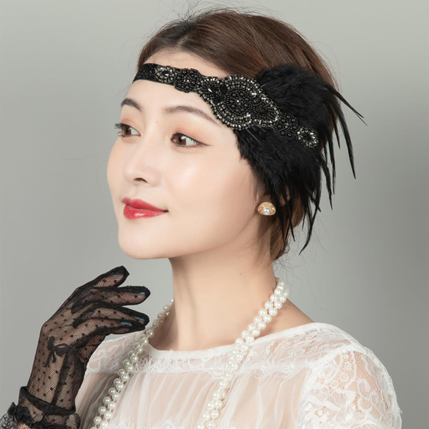 Headbands for Women Silver Tassel Black Feather Hair Band Rhinestone Flapper Headpiece， Vintage Hair Valentine'S Day Accessory for Girls Costume Party image number 1