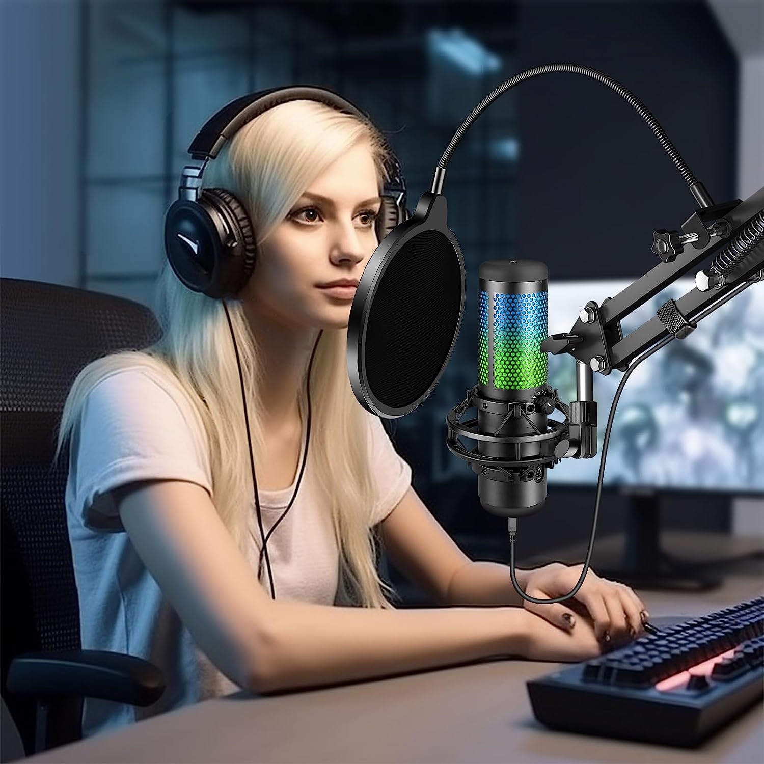 Aokeo Professional Microphone Pop Filter Mask Shield for Blue Yeti and Any Other Microphone, Mic Dual Layered Wind Pop Screen with a Flexible 360&deg; Gooseneck Clip Stabilizing Arm