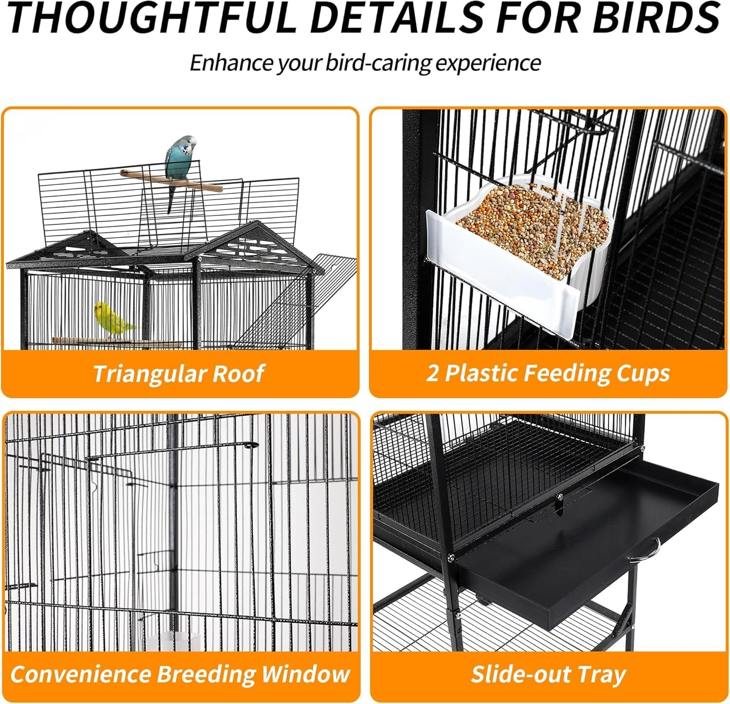 WAMBORY Wrought Iron Bird Cage with Open Top and Rolling Stand, Medium Small Standing Parrot Cage Withswing Wheels, Birdcage with Removable Tray & Feeding Bowls for Parrots Conure Cockatiel Lovebird image number 4
