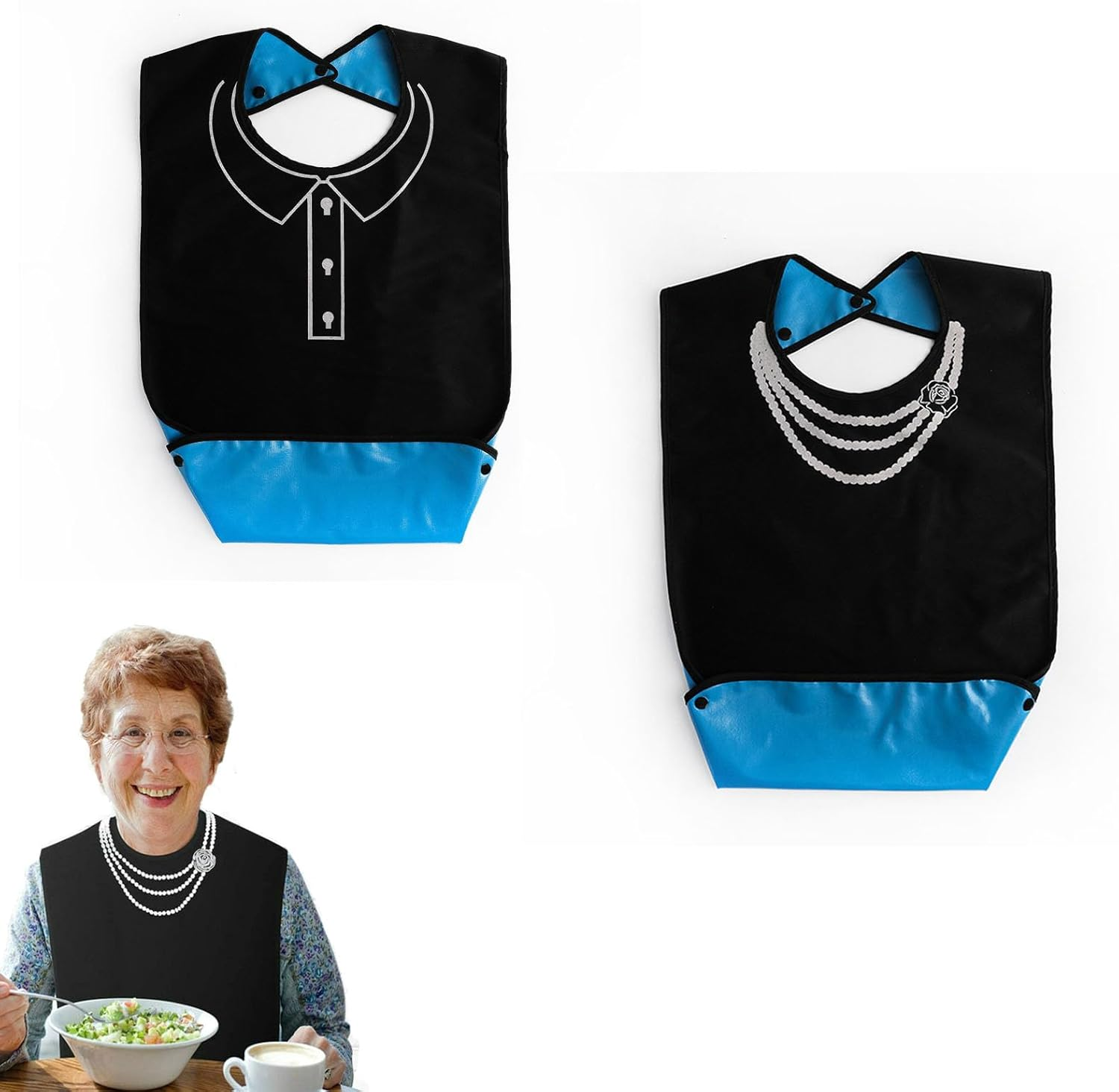 Adult Bibs Elderly Reusable Adult Bibs for Eating, Washable Waterproof Mealtime Clothing Protectors with Crumb Catcher, Necklace and POLO Shirt Design image number 1