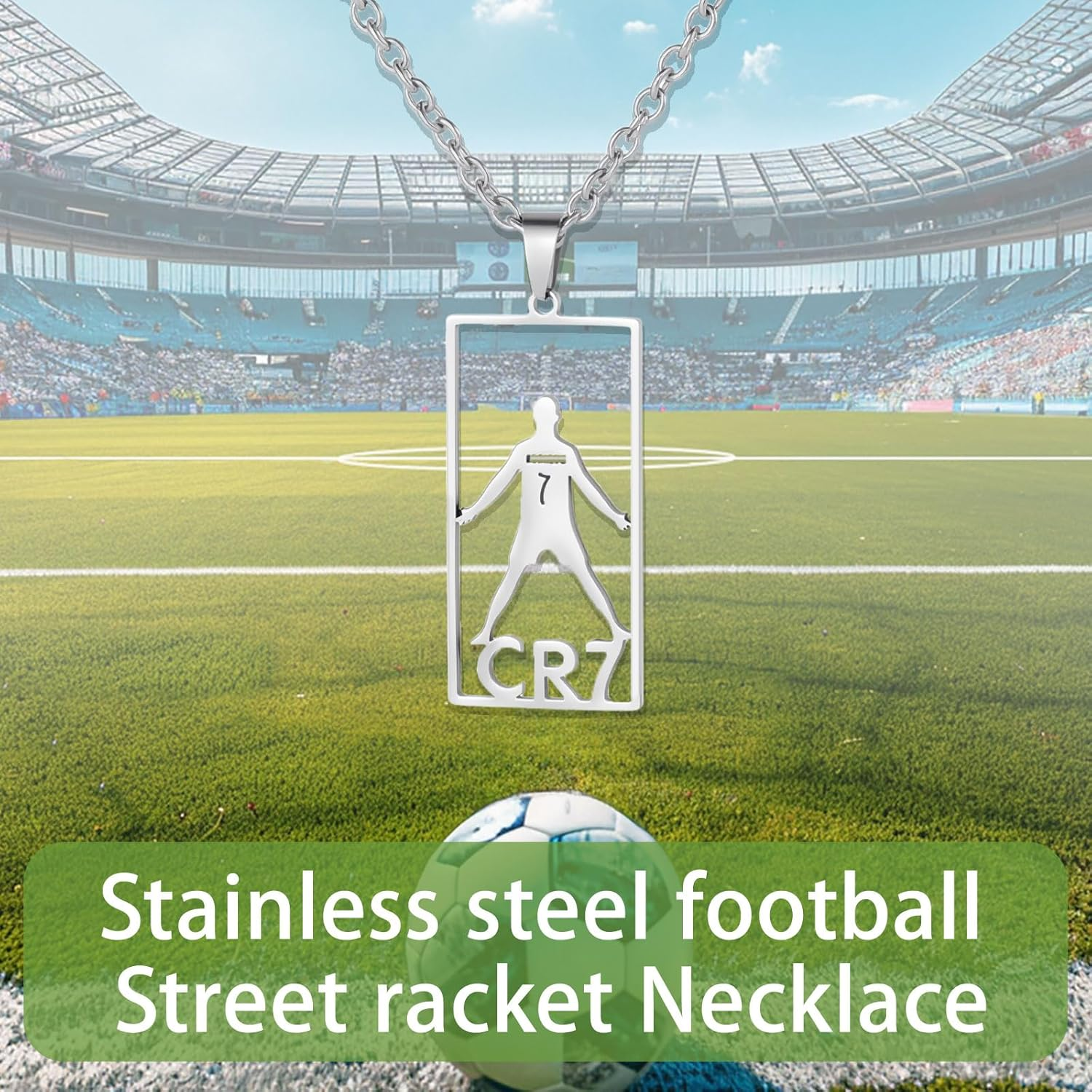 2Pcs Charm Bracelets, World Cup Cristiano Ronaldo No. 7 Football Stainless Steel Pendant Bracelet, Football Bracelet Pendant Necklace Set, Adjustable Souvenir for Male Fans image number 1