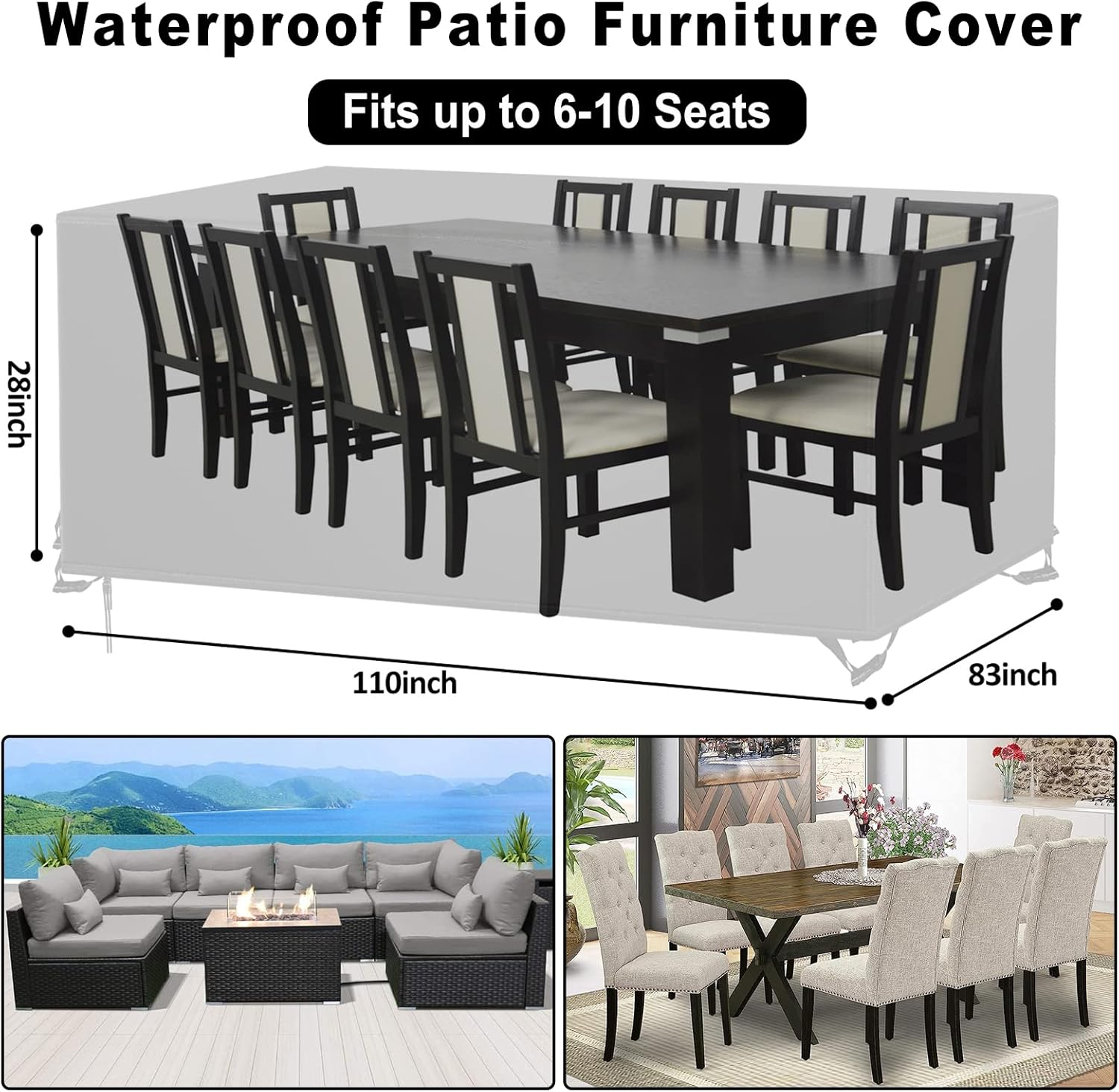 Patio Furniture Covers, Waterproof Outdoor Furniture Table and Chairs Cover, Rectangle Tear-Resistant Wind Dust Proof Furniture Set for Winter (110"L X 83"W X 28"H, Black) image number 2