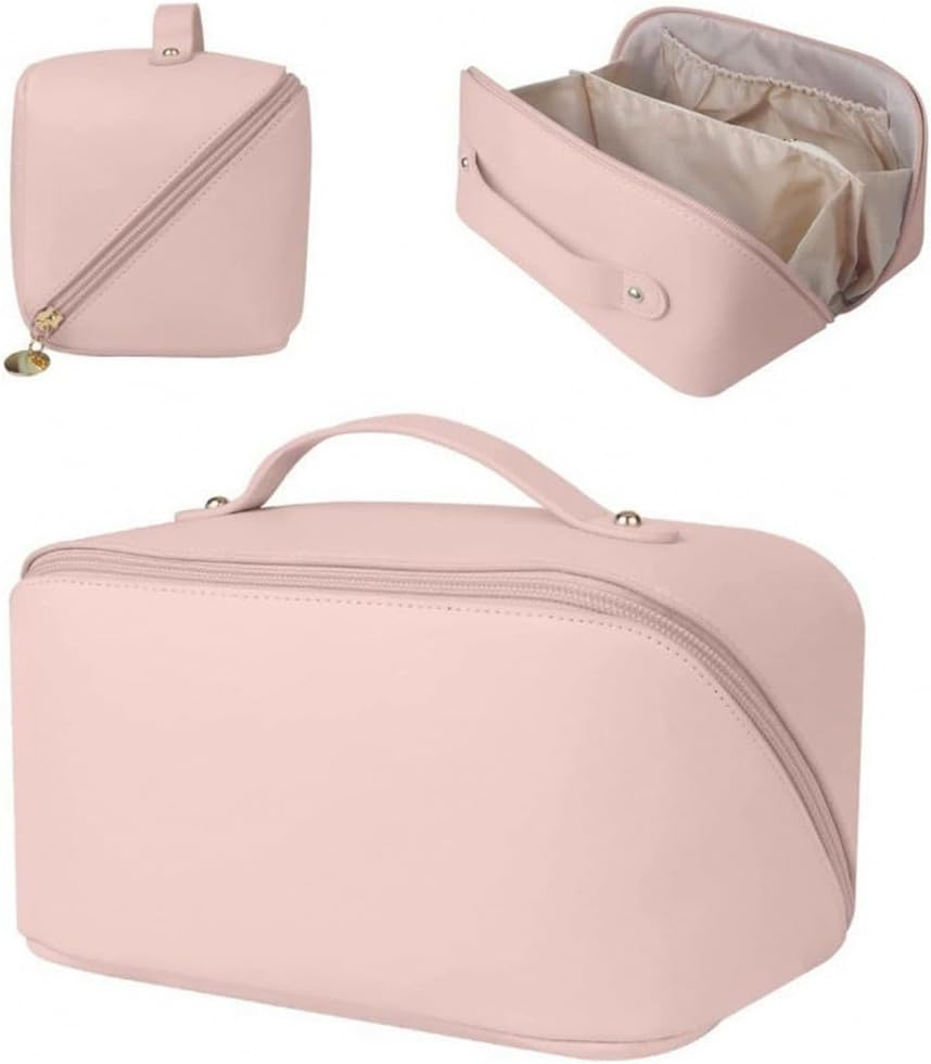Cosmetic Bag, Large Capacity PU Waterproof Storage Makeup Bag,Open Flat Toiletry Bag Makeup Organizer,Women Portable Travel Makeup Bag with Handle Skin Care Cosmetics Toiletries