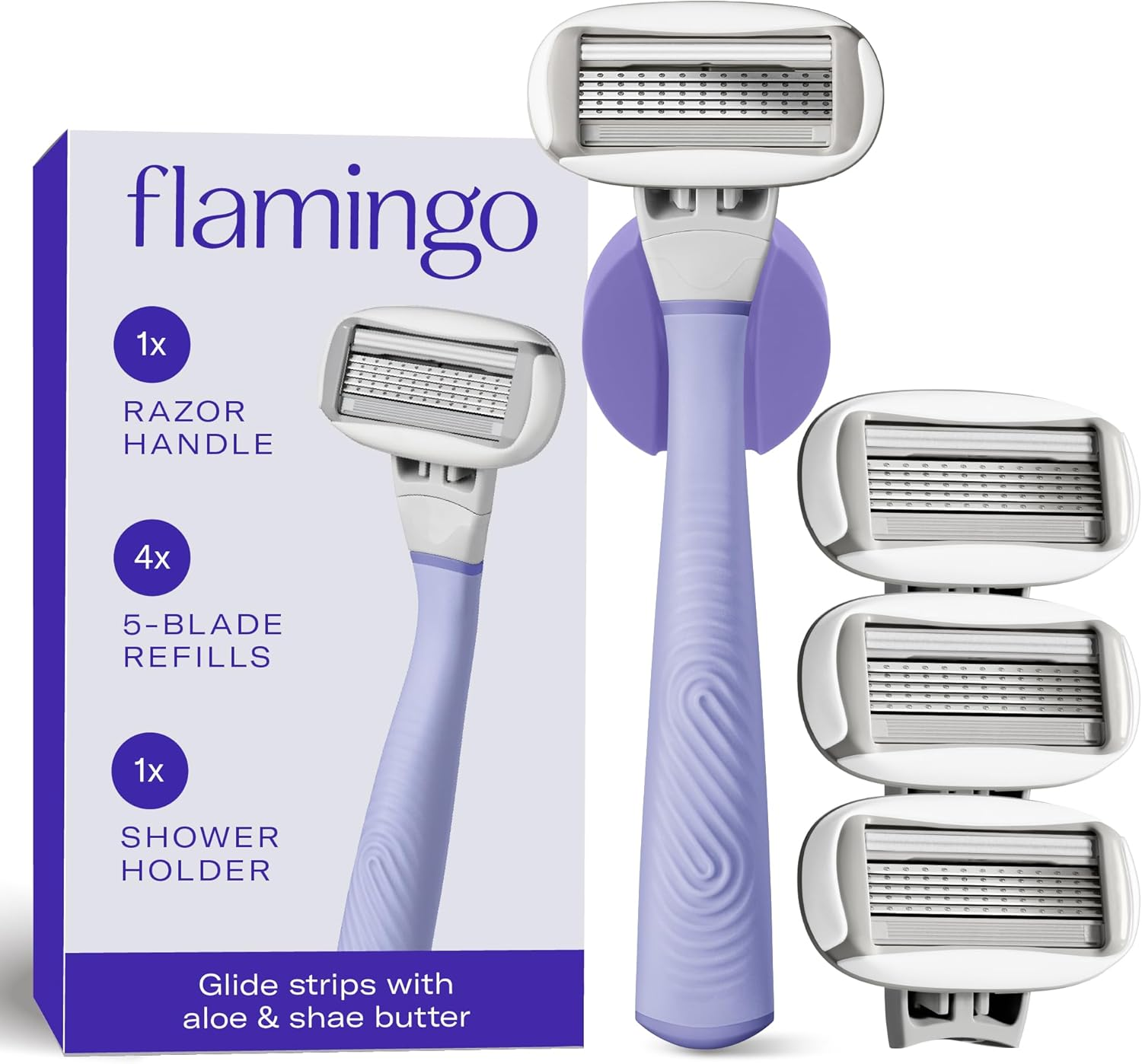 Flamingo Razors for Women, 1 Women'S Razor Handle (Lilac), 4 Razor Five-Blade Refills, and 1 Shower Holder