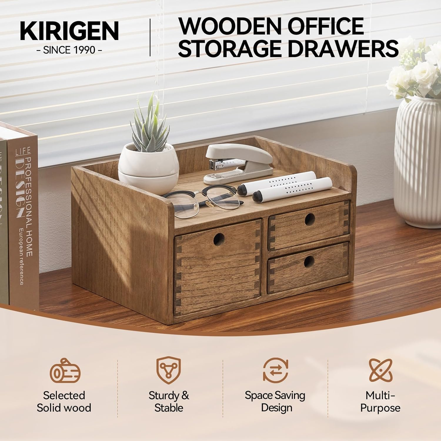KIRIGEN Desk Organizer with 3 Drawers - Wood Drawer Storage Box with Trays for Tabletop - Workspace Office Toiletries Supplies Tool Caddy - Wooden Storage Cabinet1 Layer Dark Brown（Dt1D3C-Dbr） image number 2