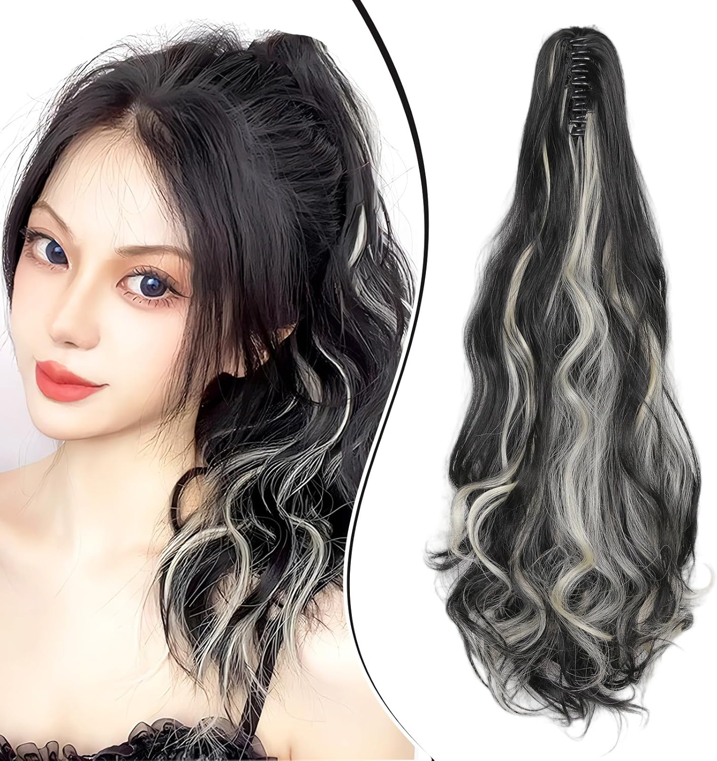 Dcbaboo Claw Clip in Ponytail Hair Extensions Long Wavy 18Inch Ponytail Extension Curly Wave Synthetic Jaw on Pony Tails Natural Hairpiece Fake Ponytail for Women, Medium Brown