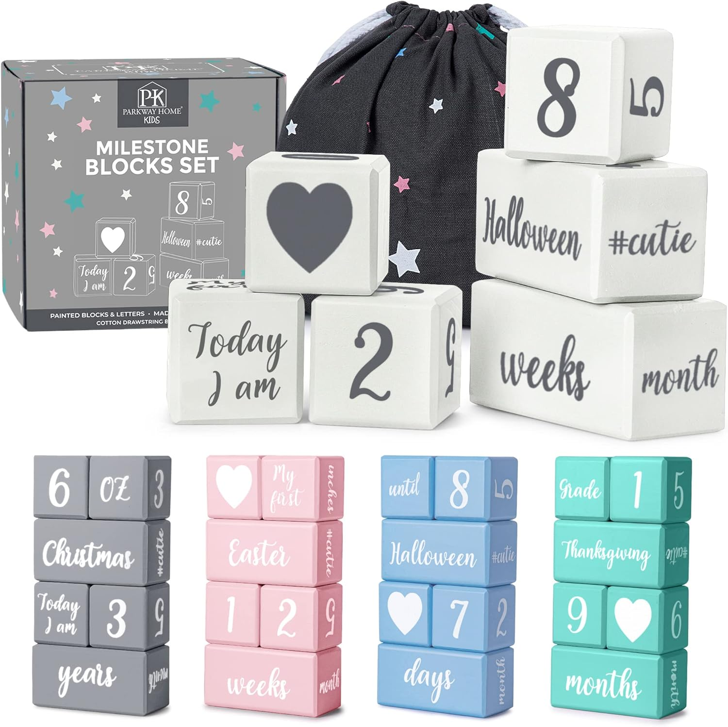 Pink Baby Monthly Milestone Blocks with Bag. Baby Age Blocks for Girl or Boy Baby Photo Props and Baby Shower. Month Baby Milestone Blocks with Grammatically Correct Month and Year