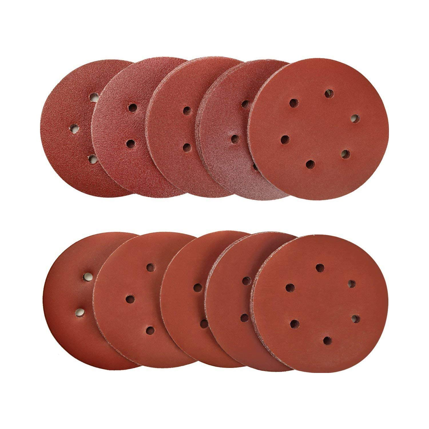 SPTA 100Pcs 150Mm Sanding Discs Pads, Hook and Loop 40# 80#, 120#, 180#, 320#, 600#, 800#, 1000#, 1500#, 2000# Grits 6-Holes Sandpaper Assorted for Random Orbital Sander