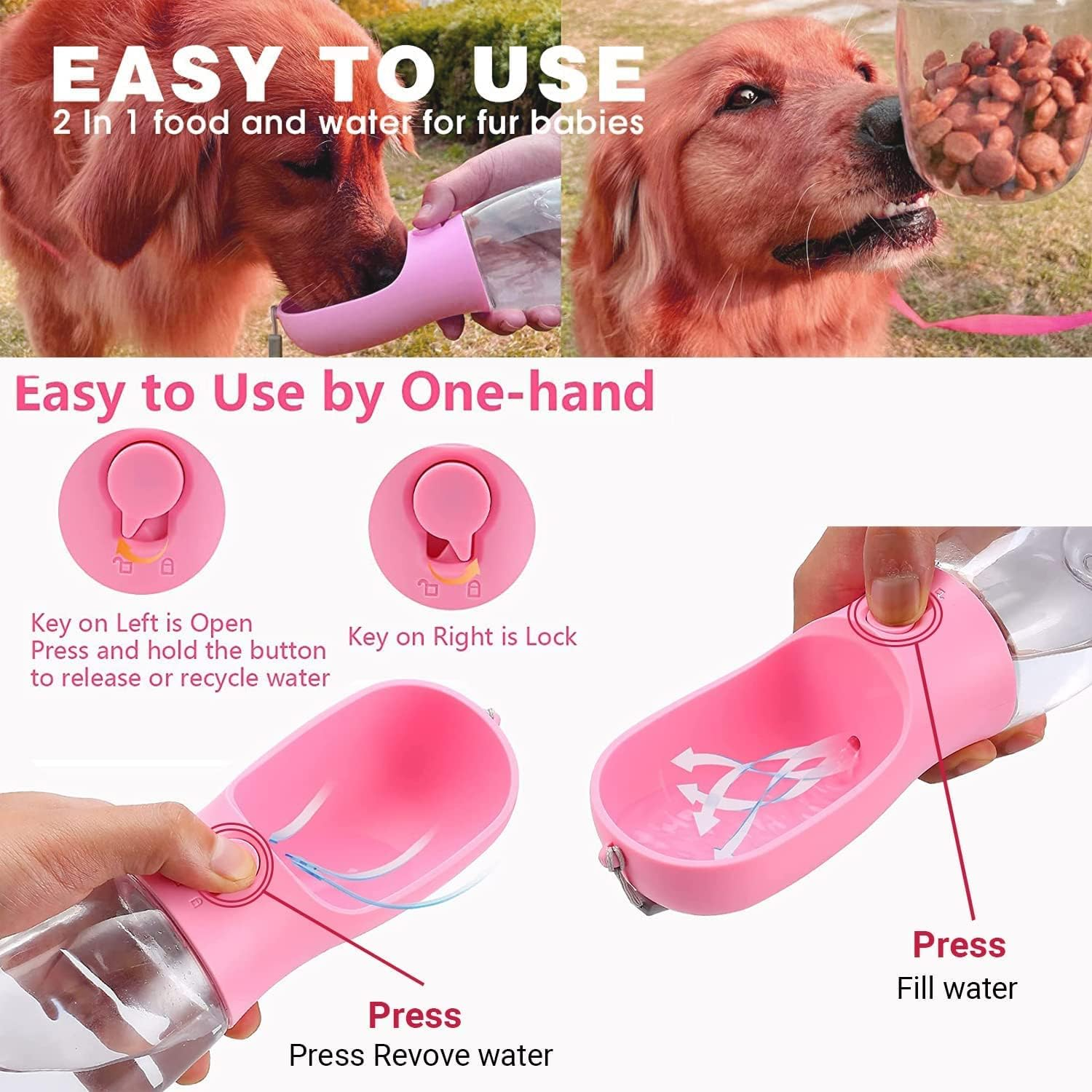 Dog Water Bottle, Portable Pet Water Bottle with Food Container, Outdoor Portable Water Dispenser for Cat, Rabbit, Puppy and Other Pets for Walking, Hiking, Travel (Blue, 550Ml+100G) image number 3