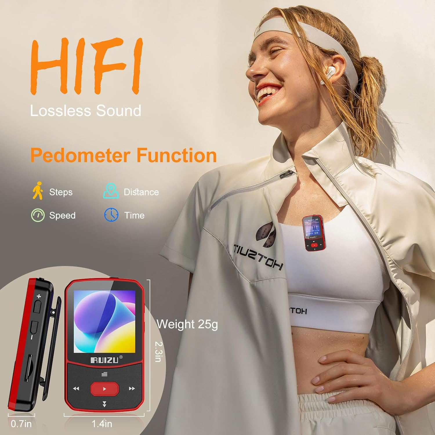 RUIZU 64GB Clip MP3 Player with Bluetooth 5.3, Portable Music Player for Sports Running, Voice Recorder, FM Radio, Pedometer, Digital Audio Shuffle Resume Playback, Support 128GB Micro SD Card, Red image number 2