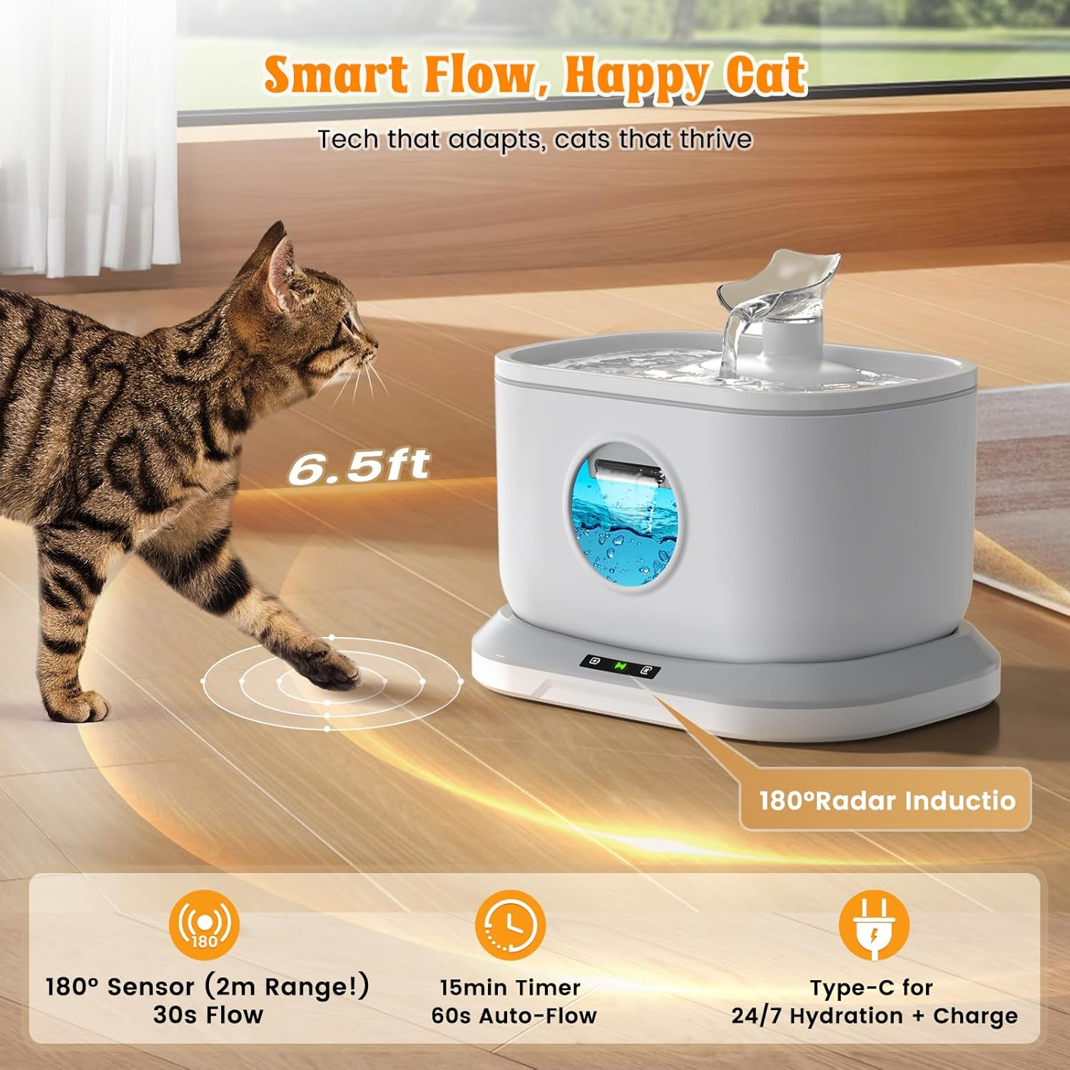 Petlipo 2.5L/84Oz Cat Water Fountain, 6.5Ft Radar Sensing Cordless Pet Fountain Battery Operated, Wireless Pump Auto Shut Off, 7-Layer Filtration Automatic Cat Fountains for Drinking, White image number 2